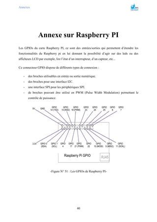 Annexes
40
Annexe sur Raspberry PI
Les GPIOs du carte Raspberry PI, ce sont des entrées/sorties qui permettent d’étendre les
fonctionnalités du Raspberry pi en lui donnant la possibilité d’agir sur des leds ou des
afficheurs LCD par exemple, lire l’état d’un interrupteur, d’un capteur, etc...
Ce connecteur GPIO dispose de différents types de connexion :
- des broches utilisables en entrée ou sortie numérique.
- des broches pour une interface I2C.
- une interface SPI pour les périphériques SPI.
- de broches pouvant être utilisé en PWM (Pulse Width Modulation) permettant le
contrôle de puissance.
-Figure N° 51 : Les GPIOs de Raspberry PI-
 
