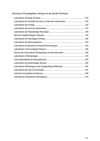 124
Services d’investigation clinique et de Santé Publique
Laboratoire Virologie Clinique..............................................................................125
Laboratoire de Contrôle des Eaux et Denrées Alimentaire ..................................130
Laboratoire de la Rage ........................................................................................132
Laboratoire des toxines alimentaires ...................................................................137
Laboratoire de Parasitologie-Mycologie...............................................................139
Service d’épidémiologie médicale........................................................................142
Laboratoire de Pathologie Animale......................................................................146
Laboratoire des Mycobactéries............................................................................152
Laboratoire de Biochimie Clinique/Hormonologie ................................................153
Laboratoire d’Immunologie Clinique.....................................................................156
Service de Vaccinations Antirabiques et Internationales .....................................158
Laboratoire d’Hématologie...................................................................................161
Unité Spécialisée des Mycoplasmes....................................................................163
Laboratoire de bactériologie clinique ...................................................................165
Laboratoire d'Histologie et de Cytogénétique Médicale .......................................166
Laboratoire de Cyto-immunologie........................................................................167
Unité de Consultations Externes..........................................................................169
Laboratoire d’Anatomie Pathologique ..................................................................170
 