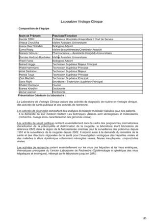125
Laboratoire Virologie Clinique
Composition de l’équipe
Présentation Générale du laboratoire :
Le Laboratoire de Virologie Clinique assure des activités de diagnostic de routine en virologie clinique,
des activités de santé publique et des activités de recherche.
Les activités de diagnostic comportent des analyses de biologie médicale réalisées pour des patients,
4. la demande de leur médecin traitant. Les techniques utilisées sont sérologiques et moléculaires
(recherche, dosage et/ou caractérisation des génomes viraux).
Les activités de santé publique rentrent essentiellement dans le cadre des programmes internationaux
d’éradication de la poliomyélite et d’élimination de la rougeole, le laboratoire étant laboratoire de
référence OMS dans la région de la Méditerranée orientale pour la surveillance des poliovirus depuis
1991 et la surveillance de la rougeole depuis 2002. Il répond aussi à la demande du ministère de la
santé et des directions régionales de la santé pour l’investigation virologique des hépatites virales et
des maladies à allure épidémique notamment méningites virales, fièvres inexpliquées, conjonctivites
virales.
Les activités de recherche portent essentiellement sur les virus des hépatites et les virus entériques,
thématiques principales du l’ancien Laboratoire de Recherche (Epidémiologie et génétique des virus
hépatiques et entériques), hébergé par le laboratoire jusqu’en 2015.
Nom et Prénom Position/Fonction
Henda TRIKI Professeur Hospitalo-Universitaire / Chef de Service
Anissa Chouikha Maître Assistant Universitaire
Imène Ben Dhifallah Biologiste Adjoint
Dorra Rezig Maître de conférences/Chercheur Associé
Mariem Gdoura Pharmacienne – Assistante Hospitalo-Universitaire
Sondes Haddad-Boubaker Maître Assistant Universitaire
Wasfi Fares Biologiste Adjoint
Nahed Hogga Technicien Supérieur Majeur Principal
Walid Hammami Technicien Supérieur Principal
Amel Sadraoui Technicien Supérieur Majeur
Henda Touzi Technicien Supérieur Principal
Zina Meddeb Technicien Supérieur Principal
Sana Rajhi Secrétaire - Technicien Supérieur Principal
Khaled Hamlaoui Ouvrier
Marwa Khedhiri Doctorante
Asma Laamari Doctorante
 