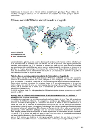 128
épidémiques de rougeole et de rubéole et leur caractérisation génétique. Nous validons les
résultats sérologiques obtenus par ces laboratoires en analysant en double quelques sérums
sélectionnés.
Réseau mondial OMS des laboratoires de la rougeole
National Laboratories
Regional Reference Labs
Global Specialised Labs
La caractérisation génétique des souches de rougeole et de rubéole repose sur leur détection par
PCR en temps réel et isolement viral sur cellules. En cas de positivité, des régions génomiques
variables sont amplifiées par PCR classique et séquencées. Les souches sont ensuite comparées
aux souches de référence OMS et aux autres souches isolées de part le monde pour en déterminer le
génotype et l’origine géographique. Comme pour les poliovirus, ce diagnostic est standardisé pour
tous les laboratoires qui le pratiquent et est soumis à un processus de contrôle de qualité et
d’accréditation annuelle de la part de l’OMS.
Activités dans le cadre du programme national de l’élimination de l’hépatite C :
La mise à jour daté du 11 Mai 2017, de la Circulaire N°60 du 3 août 2016, désigne notre laboratoire
parmi les 5 laboratoires référents en Tunisie, chargés du suivi virologique des patients porteurs du
virus de l’hépatite C et pris en charge par le Programme National pour l’Elimination de l’Hépatite C.
Cette activité consiste à pratiquer les charges virales VHC en pré-thérapeutique et de suivi du
traitement pour ces patients ainsi que le génotypage du virus en pré-thérapeutique. Les réactifs sont
fournis par le Ministère de la Santé aux 5 laboratoires qui réalisent les analyses selon une
sectorisation géographique.
En 2018, la charge virale C a été pratiquée chez 690 patients inclus dans de programme, contre 600
patients en 2017.
Activités dans le cadre du programme national de surveillance et contrôle de l’infection à
Virus West Nile et autres arboviroses :
Notre laboratoire participe à la surveillance nationale de la circulation du virus West Nile en tant que
Laboratoire de Référence National. Ce programme, coordonné par l’Observatoire National des
Maladies Nouvelles et Emergentes et La Direction des Soins de Santé de Base au Ministère de la
Santé, se base sur la détection et l’investigation virologique des cas de méningite et méningo-
encéphalites non bactériennes. L’investigation sérologique à la recherche des IgM et IgG spécifiques
du virus se fait dans 5 laboratoires (Sfax, Sousse et Tunis), dont le nôtre, selon une sectorisation
géographique. Notre laboratoire participe aussi par les tests moléculaires de recherche directe du
virus lesquels peuvent aider au diagnostic et offrent la possibilité de caractériser les virus circulants.
Un test de PCR en temps réel a été mis au point dans notre laboratoire et est régulièrement évalué
par la participation à des contrôles de qualité internationaux.
L’année 2018 a connu une épidémie de méningo-encéphalite, la plupart des cas étant survenus entre
Octobre et Novembre 2018. L’infection à virus West Nile a été confirmée par sérologie et PCR pour 49
 
