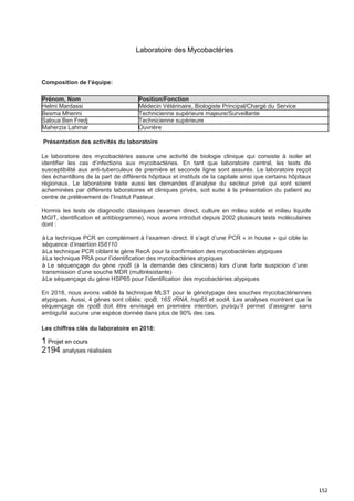 152
Laboratoire des Mycobactéries
Présentation des activités du laboratoire
Le laboratoire des mycobactéries assure une activité de biologie clinique qui consiste à isoler et
identifier les cas d’infections aux mycobactéries. En tant que laboratoire central, les tests de
susceptibilité aux anti-tuberculeux de première et seconde ligne sont assurés. Le laboratoire reçoit
des échantillons de la part de différents hôpitaux et instituts de la capitale ainsi que certains hôpitaux
régionaux. Le laboratoire traite aussi les demandes d’analyse du secteur privé qui sont soient
acheminées par différents laboratoires et cliniques privés, soit suite à la présentation du patient au
centre de prélèvement de l’Institut Pasteur.
Hormis les tests de diagnostic classiques (examen direct, culture en milieu solide et milieu liquide
MGIT, identification et antibiogramme), nous avons introduit depuis 2002 plusieurs tests moléculaires
dont :
à La technique PCR en complément à l’examen direct. Il s’agit d’une PCR « in house » qui cible la
séquence d’insertion IS6110
àLa technique PCR ciblant le gène RecA pour la confirmation des mycobactéries atypiques
àLa technique PRA pour l’identification des mycobactéries atypiques
à Le séquençage du gène rpoB (à la demande des cliniciens) lors d’une forte suspicion d’une
transmission d’une souche MDR (multirésistante)
àLe séquençage du gène HSP65 pour l’identification des mycobactéries atypiques
En 2018, nous avons validé la technique MLST pour le génotypage des souches mycobactériennes
atypiques. Aussi, 4 gènes sont ciblés: rpoB, 16S rRNA, hsp65 et sodA. Les analyses montrent que le
séquençage de rpoB doit être envisagé en première intention, puisqu’il permet d’assigner sans
ambiguïté aucune une espèce donnée dans plus de 90% des cas.
Les chiffres clés du laboratoire en 2018:
1 Projet en cours
2194 analyses réalisées
Composition de l’équipe:
Prénom, Nom Position/Fonction
Helmi Mardassi Médecin Vétérinaire, Biologiste Principal/Chargé du Service
Besma Mhenni Technicienne supérieure majeure/Surveillante
Saloua Ben Fredj Technicienne supérieure
Maherzia Lahmar Ouvrière
 