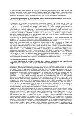 18
facteurs de virulence. Les résultats de Pathogen Finder ont également indiqué que M458 pourrait être
un agent pathogène humain. Cependant, comme M458 a été isolé chez un patient immunocompétent
atteint d'une maladie respiratoire, nous ne pouvons écarter la possibilité qu'il s'agisse d'un agent
pathogène opportuniste, comme la plupart des MNT que l’on doit vérifier expérimentalement.
- Structure populationnelle du génotype LAM le plus prédominant en Tunisie (Mohamed Amine
Skhairia, Naira Dekhil, Besma Mhenni, et Helmi Mardassi)
Globalement, le complexe Mycobacterium tuberculosis (MTBC) est divisé sur la base du
polymorphisme LSP (large sequence polymorphism) en sept lignées phylogénétiques (L1, L2, L3, L4,
L5, L6 et L7). Contrairement aux autres lignées MTBC, la L4 est répartie à des fréquences
significatives sur tous les continents. Elle est par conséquent la cause la plus fréquente de
tuberculose chez l’homme. La lignée L4 est représentée essentiellement par les génotypes Latin-
American-Mediterranean (LAM), T, X, S et Haarlem. Il a été démontré que cette lignée comprend des
sous-lignées répandues à l'échelle mondiale dite « généraliste» et d’autres géographiquement
restreintes dite « spécialiste », parmi lesquels le génotype LAM est le généraliste le plus fréquent et le
plus répandu au monde (Stucki et al., 2016).
En Tunisie, on ne trouve quasiment que les souches de la lignée L4, avec la prédominance des
génotypes LAM et Haarlem (Namouchi et al., 2008). D’où l’intérêt de ce travail qui vise à étudier la
dynamique de transmission ainsi que l’évolution du génotype LAM en Tunisie.
Aussi nous avons caractérisé par la technique MIRU-VNTR 24 loci (Supply et al., 2006), une
collection de 274 souches du génotype LAM, recueillie durant la période 2001-2017, et ce à partir de
trois régions représentatives du nord de la Tunisie (Bizerte, le grand Tunis et Zaghouan). Les résultats
ont révélé que notre collection comprenait 11 complexes clonaux, dont deux sont majoritaires, CC1
(62%) et CC2 (17%). L’analyse STRUCTURE a révélé deux sous-populations: LAM-A (69%)
représentée essentiellement par CC1 et ses variants, et LAM-B (31%) représentée par CC2 et ses
variants. Une phylogénie mondiale (MST) a été faite en incluant des profils MIRU-VNTR 24 loci de
1000 souches du génotype LAM disponibles dans la database MIRU-VNTRplus et a montré que les
souches LAM Tunisiennes des complexes CC1 et CC2 étaient regroupées chacune à part, suggérant
leur confinement géographique, et donc leur comportement probable de spécialiste.
1.2. Mycoplasmes humains et aviaires
- Diversité génétique et antibiorésistance des souches tunisiennes de mycoplasmes
urogénitaux (Safa Boujemaa, Asma Issaoui, B Ben Abdelmoumen Mardassi)
Ureaplasma spp. et Mycoplasma hominis sont des bactéries mollicutes responsables de maladies
urogénitales et d’infertilité. Ils sont également associés à un risque accru de morbidité et de mortalité
néonatale. L’étude de la prévalence et de la distribution des 14 serotypes d’Ureaplasma spp au sein
de la population tunisienne, suite à l’amplifiaction du gène mba a montré l’implication du sérotype 3
d’Ureaplasma parvum dans l’infertilité du couple. Le restant des serotypes est réparti à des taux
identiques: 18.81 % (sérotypes 4, 10, 12 ou 13), 18.81 % (sérotypes 1) et 18,81 % (sérotypes 6). Les
sérotypes 2, 5, 8 ou 9 sont les moins fréquents, ils ne représentent que 9 % des souches
d’Ureaplasma spp. L’étude de la sensibilité de ces isolats aux antibactériens a montré qu’il n’y a
aucune relation entre la diversité génétique et leur comportement vis-à-vis de la doxycycline (100%
sensibles), la josamycine (100% sensibles), l'azithromycine (100% sensibilité intermédiaire),
l'érythromycine (100% résistantes) et la ciprofloxacine (100% résistantes). D’autre part, 62.38%,
26.73% et 82.18% des souches sont sensibles à la tétracycline, l’ofloxacine et la lévofloxacine,
respectivement. Un taux élevé (37,62 %) de souches multirésistantes a été determiné. Cette
multirésistance est plus fréquente chez les souches d'Ureaplasma urealyticum.
L’exploration de la diversité génétique de 59 souches locales de M. hominis par la méthode eMLST
(Expanded Multi Locus Sequence Typing) en combinant les séquences des régions conservées de 5
gènes de virulence (p120’, vaa, lmp1, lmp3 et p60) et de 5 gènes de ménage (uvrA, gyrB, ftsY, tuf et
gap) a montré que nos souches sont groupées en 30 eSTs (expanded sequence type). Les eSTs les
plus dominants sont eST3 (9 isolats) suivi de eST2 (5 isolats). L’étude phylogénétique a démontré
l’appartenance de nos souches à deux lignées distinctes. La lignée A regroupe toutes les souches
isolées chez des patients infertiles et la ligne B comprend les souches isolées chez des patients
souffrant d’infections gynécologiques. L’étude de la sensibilité de 59 isolats tunisiens de M. hominis
vis-à-vis de 9 antibiotiques a montré une augmentation du taux de résistance à la tétracycline qui est
passé de 25 % en 2012 à 40 % en 2017. Suite au typage génétique réalisé, il s’est avéré que la
résistance des isolats de M. hominis à la tétracycline est spécifiquement liée aux eST3, eST6, eST7,
 