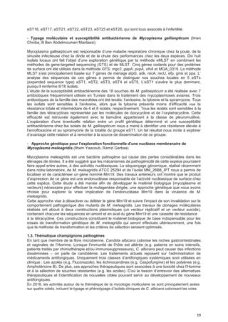 19
eST16, eST17, eST21, eST22, eST23, eST25 et eST26, qui sont tous associés à l’infertilité.
- Typage moléculaire et susceptibilité antibactérienne de Mycoplasma gallisepticum (Imen
Chniba, B Ben Abdelmoumen Mardassi)
Mycoplasma gallisepticum est responsable d’une maladie respiratoire chronique chez la poule, de la
sinusite infectieuse chez la dinde et de la chute des performances chez les deux espèces. Dix huit
isolats locaux ont fait l’objet d’une exploration génétique par la méthode eMLST en combinant les
méthodes de gene-targeted sequencing (GTS) et de MLST. Cinq gènes codants pour des protéines
de surface ont été utilisés dans la méthode GTS: mgc2, gapA, pvpA, vlhA et MGA_0319. La méthode
MLST s’est principalement basée sur 7 genes de ménage atpG, adk, recA, recU, efp, gmk et ppa. L’
analyse des séquences de ces gènes a permis de distinguer nos souches locales en 5 eSTs
(expanded sequence type) eST1, eST2, eST3, eST4 et eST5. L’eST1 s’avère le plus dominant,
puisqu’il renferme 8/18 isolats.
L’étude de la susceptibilité antibactérienne des 18 souches de M. gallisepticum a été réalisée avec 7
antibiotiques fréquemment utilisés en Tunisie dans le traitement des mycoplasmoses aviaires. Trois
antibiotiques de la famille des macrolides ont été testés: l’aivlosine, la tylosine et la spiramycine. Tous
les isolats sont sensibles à l’aivlosine, alors que la tylosine présente moins d’éfficacité vue la
résistance totale et intermédiare de 4 et 8 isolats, respectivement. Tous les isolats sont sensibles à la
famille des tétracyclines représentée par les molécules de doxycycline et de l’oxytetracycline. Cette
efficacité est retrouvée également avec la tiamuline appartenant à la classe de pleuromutiline.
L’exploration d’une éventuelle relation entre un profil génétique déterminé et une susceptibilité
antibactérienne chez lse isolats de M. gallisepticum nous a mené à identifier une résistance élevée à
l’enrofloxacine et au spiramycine de la totalité du groupe eST1. Un tel résultat nous incite à explorer
d’avantage cette relation et à remonter à la source de dissemination de ce groupe.
- Approche génétique pour I’expIoration fonctionneIIe d’une nucIéase membranaire de
Mycoplasma meleagridis (Ilhem Yaacoub, Ramzi Garbaa)
Mycoplasma meleagridis est une bactérie pathogène qui cause des pertes considérables dans les
élevages de dindes. Il a été suggéré que les mécanismes de pathogénicité de cette espèce pourraient
faire appel entre autres, à des activités nucléasiques. Le séquençage génomique, réalisé récemment
dans notre laboratoire, de M. meleagridis ATCC 25294 et de l’isolat MM_26B8_IPT nous a permis de
localiser et de caractériser un gène nommé Mm19. Des travaux antérieurs ont montré que le produit
d’expression de ce gène est une endonucléase responsable de l’activité nucléasique de surface chez
cette espèce. Cette étude a été menée afin de développer le matériel biologique (mycoplasme et
vecteurs) nécessaire pour effectuer la mutagenèse dirigée, une approche génétique que nous avons
choisie pour explorer la vraie implication de l’endonucléase Mm19 dans la virulence de M.
meleagridis.
Cette approche vise à désactiver ou déléter le gène Mm19 et suivre l’impact de son invalidation sur le
comportement pathogénique des mutants de M. meleagridis. Les travaux de clonages moléculaires
réalisés ont abouti à deux constructions plasmidiques (un vecteur réplicatif et un vecteur suicide),
contenant chacune les séquences en amont et en aval du gène Mm19 et une cassette de résistance
à la tétracycline. Ces constructions constituent le matériel biologique de base indispensable pour les
essais de transformation génétique de M. meleagridis qui seront effectués ultérieurement, une fois
que la méthode de transformation et les critères de sélection seraient optimisés.
1.3. Thématique champignons pathogènes
En tant que membre de la flore microbienne, Candida albicans colonise les niches gastrointestinales
et vaginales de l’Homme. Lorsque l’immunité de l’hôte est altérée (e.g. patients en soins intensifs,
patients traités par chimiothérapie et/ou immunosuppresseurs), C. albicans peut causer des infections
disséminées – on parle de candidémie. Les traitements actuels reposent sur l’administration de
médicaments antifongiques. Uniquement trois classes d’antifongiques systémiques sont utilisées en
clinique : Les azoles (e.g. Fluconazole), les échinocandines (e.g. Caspofungine) et les polyènes (e.g.
Amphotéricine B). De plus, ces approches thérapeutiques sont associées à une toxicité chez l’Homme
et à la sélection de souches résistantes (e.g. les azoles). D’où le besoin d’entrevoir des alternatives
thérapeutiques et l’identification de nouvelles cibles pouvant servir au développement de nouveaux
antifongiques.
En 2018, les activités autour de la thématique de la mycologie moléculaire se sont principalement axées
sur quatre volets, incluant le typage et phénotypage d’isolats cliniques de C. albicans colonisant les voies
 