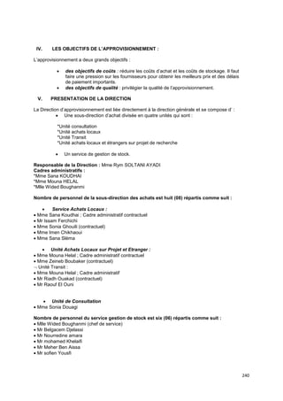 240
IV. LES OBJECTIFS DE L’APPROVISIONNEMENT :
L’approvisionnement a deux grands objectifs :
• des objectifs de coûts : réduire les coûts d’achat et les coûts de stockage. Il faut
faire une pression sur les fournisseurs pour obtenir les meilleurs prix et des délais
de paiement importants.
• des objectifs de qualité : privilégier la qualité de l’approvisionnement.
V. PRESENTATION DE LA DIRECTION
La Direction d’approvisionnement est liée directement à la direction générale et se compose d’ :
• Une sous-direction d’achat divisée en quatre unités qui sont :
*Unité consultation
*Unité achats locaux
*Unité Transit
*Unité achats locaux et étrangers sur projet de recherche
• Un service de gestion de stock.
Responsable de la Direction : Mme Rym SOLTANI AYADI
Cadres administratifs :
*Mme Sana KOUDHAI
*Mme Mouna HELAL
*Mlle Wided Boughanmi
Nombre de personnel de la sous-direction des achats est huit (08) répartis comme suit :
• Service Achats Locaux :
• Mme Sana Koudhai ; Cadre administratif contractuel
• Mr Issam Ferchichi
• Mme Sonia Ghouili (contractuel)
• Mme Imen Chikhaoui
• Mme Sana Sléma
• Unité Achats Locaux sur Projet et Etranger :
• Mme Mouna Helal ; Cadre administratif contractuel
• Mme Zeineb Boubaker (contractuel)
 Unité Transit :
• Mme Mouna Helal ; Cadre administratif
• Mr Riadh Ouakad (contractuel)
• Mr Raouf El Ouni
• Unité de Consultation
• Mme Sonia Douagi
Nombre de personnel du service gestion de stock est six (06) répartis comme suit :
• Mlle Wided Boughanmi (chef de service)
• Mr Belgacem Djelassi
• Mr Nourredine amara
• Mr mohamed Khelaifi
• Mr Meher Ben Aissa
• Mr sofien Yousfi
 