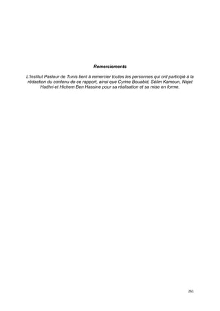261
Remerciements
L’Institut Pasteur de Tunis tient à remercier toutes les personnes qui ont participé à la
rédaction du contenu de ce rapport, ainsi que Cyrine Bouabid, Sélim Kamoun, Najet
Hadhri et Hichem Ben Hassine pour sa réalisation et sa mise en forme.
 