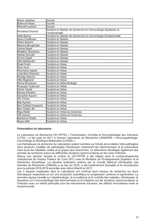 27
Naoui Jawaher Ouvrier
Badrouni Hsan Ouvrier
Moncef Louhichi Ouvrier
Khouloud Zayoud
Etudiant en Master de recherche en Immunologie Appliquée et
Fondamentale
Héla Bacha Etudiant en Master de recherche en immunologie fondamentale
Sana Chaâbane Etudiant en Master
Wiem Brahmi Etudiant en Master
Nesrine Boughzala Etudiant en Master
Jihène Maati Etudiant en Master
Msallem Nourhène Etudiant en Master
Nabila Ghouibi Etudiant en Master
Amani Abadi Etudiant en Master
Olfa Mathlouthi Etudiant en Master
Wael Fraihi Etudiant en thèse
Rym Ouni Etudiant en thèse
Nourhene Agrebi Etudiant en thèse
Leila Ben Khemiss Etudiant en thèse
Khadija Bahrini Etudiant en thèse
Olfa Magherbi Etudiant en thèse
Rania Bouzeyen Etudiant en thèse Biologie
Roukaya Yaakoubi Etudiant en thèse
Rihab Yazidi Etudiant en thèse
Marwa Khedhiri Etudiant en thèse
Kaouther Ayouni Etudiant en thèse
Atri Chiraz Etudiant en thèse
Bali Aymen Etudiant en thèse
Ben Fadhel Oussema Etudiant en thèse
Ben Cheikh Ali Etudiant en thèse
Raja Rekik Etudiant en thèse es Sciences
Tlili Aymen Etudiant en thèse es Sciences
Barhoumi Walid Etudiant en thèse
Raies Afef Etudiant en thèse
Présentation du laboratoire
Le Laboratoire de Recherche LR11IPT02 « Transmission, Contrôle et Immunobiologie des Infections
(LTCII) » a fait suite en 2011 à l’ancien Laboratoire de Recherche LR00SP06 « Immunopathologie,
Vaccinologie et Génétique Moléculaire (LIVGM) ».
Les thématiques de recherche du Laboratoire restent centrées sur l’étude de la relation hôte-pathogène
dans plusieurs modèles de pathologies infectieuses notamment les leishmanioses et la tuberculose
mais aussi les hépatites virales et la grippe plus récemment. Le laboratoire développe également des
activités de recherche autour de différentes situations dysimmunitaires en lien avec l’infection.
Depuis son premier mandat le contrat du LR11IPT02 a été intégré dans le contrat-programme
institutionnel de l’Institut Pasteur de Tunis (IPT) avec le Ministère de l’Enseignement Supérieur et la
Recherche Scientifique. La dernière évaluation externe par le Comité National d’Evaluation des
Activités de Recherche (CNEAR) a eu lieu en 2016, a été extrêmement favorable et la reconduction
pour la période 2016-2019 accordée avec début effectif en 2017.
Les 3 équipes impliquées dans le Laboratoire ont continué leurs travaux de recherche sur leurs
thématiques respectives et ont une production scientifique en progression continue et significative. La
première équipe travaille sur l’épidémiologie, la surveillance et le contrôle des maladies infectieuses, la
deuxième sur l’immunobiologie des leishmanioses et la troisième sur les situations dysimmunitaires et
l’infection avec un intérêt particulier pour les mécanismes d’évasion, les déficits immunitaires innés et
l’autoimmunité.
 