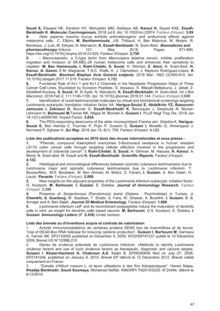 67
Souid S, Elsayed HE, Ebrahim HY, Mohyeldin MM, Siddique AB, Karoui H, Sayed KAE, Essafi-
Benkhadir K. Molecular Carcinogenesis. 2018 Jul 6. doi: 10.1002/mc.22874. Facteur d'impact: 3.89
4. Helix aspersa maxima mucus exhibits antimelanogenic and antitumoral effects against
melanoma cells.. C. Ellijimi, M. BenHammouda, J-B. Thibaud, H. Ben Mabrouk, M. Morjen, R.
BenAissa, J. Luis, M. ElAyeb, N. Marrakchi, K. Essafi-Benkhadir, N. Srairi-Abid..
Biomedicine and
pharmacotherapy.Volume 101, May 2018, Pages 871-880.
https://doi.org/10.1016/j.biopha.2018.03.020. Facteur d'impact: 2,759
5. - Macrovipecetin, a C-type lectin from Macrovipera lebetina venom, inhibits proliferation
migration and invasion of SK-MEL-28 human melanoma cells and enhances their sensitivity to
cisplatin. M. Ben Hammouda, I. Riahi-Chebbi, S. Souid, H. Othman, Z. Aloui, N. Srairi-Abid, H.
Karoui, A. Gasmi, E.M. Magnenat, T.N.C. Wells, K. J. Clemetson, J. Neptuno Rodríguez-López, K
Essafi-Benkhadir. Biochem Biophys Acta General subjects. 2018 Mar; 1862 (3):600-614. doi:
10.1016/j.bbagen.2017.11.019. Facteur d'impact: 4,702
6. Functional Role of Kv1.1 and Kv1.3 Channels in the Neoplastic Progression Steps of Three
Cancer Cell Lines, Elucidated by Scorpion Peptides. D. Aissaoui, S. Mlayah-Bellalouna, J. Jebali, Z.
Abdelkefi-Koubaa, S. Souid, M. El Ayeb, N. Marrakchi, K. Essafi-Benkhadir, N. Srairi-Abid. Int J Biol
Macromol. 2018 Feb 2; 111:1146-1155. doi: 10.1016/j.ijbiomac.2018.01.144. Facteur d'impact:3,909
7. Identification of novel leishmanicidal molecules by virtual and biochemical screenings targeting
Leishmania eukaryotic translation initiation factor 4A. Harigua-Souiai E, Abdelkrim YZ, Bassoumi-
Jamoussi I, Zakraoui O, Bouvier G, Essafi-Benkhadir K, Banroques J, Desdouits N, Munier-
Lehmann H, Barhoumi M,Tanner NK, Nilges M, Blondel A, Guizani I. PLoS Negl Trop Dis. 2018 Jan
18;12(1):e0006160. Impact Factor: 3,834.
8. The PEG-responding desiccome of the alder microsymbiont Frankia alni. Ghedira K, Harigua-
Souiai E, Ben Hamda C, Fournier P, Pujic P, Guesmi S, Guizani I, Miotello G, Armengaud J,
Normand P, Sghaier H. Sci Rep. 2018 Jan 15; 8(1): 759. Facteur d'impact: 4,122.
Liste des publications acceptées en 2018 dans des revues internationales et sous presse :
1. “Phenolic compound Kaempferol overcomes 5-fluorouracil resistance in human resistant
LS174 colon cancer cells through targeting cellular effectors involved in the progression and
development of colorectal cancer". I. Riahi-Chebbi, S. Souid, H. Othman, M. Haoues, H. Karoui, A.
Morel, N. Srairi-abid, M. Essafi and K. Essafi-Benkhadir. Scientific Reports. Facteur d’impact:
4,122.
2. Histological and immunological differences between zoonotic cutaneous leishmaniasis due to
Leishmania major and sporadic cutaneous leishmaniasis due to Leishmania infantum. T.
Boussoffara., M.S. Boubaker, M. Ben Ahmed, M. Mokni, S. Feriani, I. Guizani, A. Ben Salah, H.
Louzir. Parasite. Facteur d'impact: 2.069
3. New insights on the adjuvant properties of the Leishmania infantum eukaryotic initiation factor.
O. Koutsoni, M. Barhoumi, I. Guizani, E. Dotsika. Journal of Immunology Research. Facteur
d'impact: 3.298
4. Presence of Sergentomyia (Parrotomyia) lewisi (Diptera : Psychodidae) in Tunisia. J.
Chemkhi, S. Guerbouj, W. Saadawi, T. Shaibi, S. Faris, W. Ghawar, A. Boukthir, I. Guizani, B. B.
Annajar and A. Ben Salah. Journal Of Medical Entomology. Facteur d'impact: 1,968
5. Leishmania infantum LeIF and its recombinant polypeptides induce the maturation of dendritic
cells in vitro: an insight for dendritic cells based vaccine. M. Barhoumi, O.S. Koutsoni, E. Dotsika, I.
Guizani. Immunology Letters (IF :2.436) Under revision
Liste des brevets ou d’inventions acquis et contrats de vaIorisation
1. Activité immunomodulatrice de certaines proteins DEAD box de mammifères et de levure.
“Use of DEAD-Box RNA helicase for inducing cytokine production”. Guizani I, Barhoumi M, Garnaoui
A, Tanner NK. EP2130550 published on December 9, 2009; WO2009147331 publié le 10 Décembre
2009; Brevet US N°12/996,210.
2. Gènes de virulence potentiels de Leishmania Infantum. «Methods to identify Leishmania
virulence factors and use of such virulence factors as therapeutic, diagnostic and vaccine targets.
Guizani I, Kbaier-Hachemi H, Chakroun A.S, Kaabi B. EP08290656 filed on July 07, 2008;
EP2141248, published on January 6, 2010; Brevet EP délivré le 12 Décembre 2012. Brevet validé
uniquement en France
3. “Extraits d'Allium roseum L. et leurs utilisations à des fins thérapeutiques". Hanen Najaa,
Khadija Benkhadir, Souid Soumaya, Mohamed Neffati. INNORPI TN2015/0220. N°24484, délivré le
6/12/2016.
 