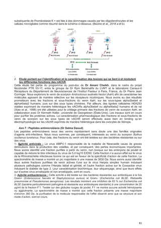 81
subséquente de l'homéostasie K + est liée à des dommages causés par les oligodendrocytes et les
cellules microgliales comme résumé dans le schéma ci-dessous. (Bezine et al., 2018 a et b).
2. Etude portant sur I’identification et Ia caractérisation des toxines qui se Iient à et moduIent
Ies différentes fonctions des nAChR
Cette étude fait partie du programme du post-doc de Dr Amani Cheikh, dans le cadre du projet
Nicobinder PTR 03-17, entre le groupe de Dr Rym Benkhalifa du LVMT et le laboratoire Canaux-0
Récepteurs du Département de Neurosciences de l’Institut Pasteur à Paris, France, du Dr Pierre Jean
Corringer. Nous explorons le venin de scorpion Androctonus australis hector (AaH) afin de caractériser les
molécules agissant de manière sélective sur les récepteurs nicotiniques. Nous avons eu des résultats
prometteurs avec les fractions et sous-fractions du venin AaH, sur les sous-types alpha3beta4 et
alpha4beta2 humains, puis sur des sous types chimères. Par ailleurs, des lignées cellulaires HEK293
stables exprimant de manière hétérologue les nAChRs alpha3beta4 ou alpha4beta2 humains et de rat
(Xiao et al., 1998) ont été utilisées pour le criblage primaire des fractions de venin de scorpion AaH, en
collaboration avec Dr Kenneth Kellar, université de Georgetown (États-Unis). Les travaux sont en cours
pour purifier les protéines actives. La caractérisation pharmacologique des fractions et sous-fractions de
venin de scorpion sur les sous types de nAChR seront effectués aussi bien en binding qu’en
électrophysiologie sur les nAchR exprimés de manière hétérologue dans les ovocytes de Xénope.
Axe 7 : Peptides antimicrobiens (Dr Salma Daoud)
Les peptides antimicrobiens issus des venins représentent sans doute une des familles originales
d’agents anti-infectieux. Nous nous sommes, par conséquent, intéressés au venin du scorpion Buthus
occitanus tunetanus. Pour cela, des fractions du venin ont été testées sur des bactéries résistantes ou sur
des virus.
1- Activité antivirale : Le virus AMPV-1 responsable de la maladie de Newcastle cause de graves
diminutions dans la production des volailles, et par conséquent, des pertes économiques importantes.
Nous avons identifié une fraction purifiée à partir du venin, non toxique sur les embryons de poulet et
capable de réduire le titre infectieux du virus de 5,4 log10 EID50. Cette fraction n’a aucun effet sur le virus
de la Rhinotrachéite infectieuse bovine ce qui est en faveur de la spécificité d’action de cette fraction. La
spectrométrie de masse a montré un pic majoritaire à une masse de 3830 Da. Nous avons aussi identifié
deux autres fractions purifiées de venin actives l’une sur le virus Herpès simplex humain induisant
plusieurs pathologies comme l’Herpès labial et génital, et l’autre fraction active sur le Coxsackie virus
induisant le diabète de type 2. Leur caractérisation biochimique, leur séquençage, ainsi que leurs effets
sur d’autres virus enveloppés et non enveloppés, sont en cours.
2- Activité antibactérienne : Cette activité a été testée sur des bactéries résistantes aux antibiotiques à la fois
Gram+ (Enterococcus faecalis et Staphylococcus aureus) et Gram– (Escherichia coli BLSE, Klebsiellla
pneumoniae et Pseudemonas aeruginosa). Les résultats montrent une inhibition de 83 % sur Escherichia coli
BLSE (bactérie particulièrement pathogène et résistante aux antibiotiques standards) à une concentration de 20
µg/ml de la fraction F’1. Testée sur des globules rouges de poulet, F1’ ne montre aucune activité hémolysante
ou agglutinante. La spectrométrie de masse a montré que cette fraction présente une masse majoritaire
d’environ 360 Da. la purification de la molécule responsable de l’effet observé ainsi que sa structure et son
mode d’action, sont en cours.
 