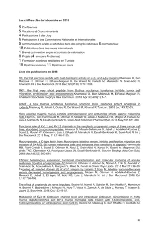 82
Les chiffres clés du laboratoire en 2018
5 Conférences
5 Vacations et Cours rémunérés
4 Participations à des Jury
6 Participation à des Commissions Nationales et Internationales
5 communications orales et affichées dans des congrès nationaux 8 internationaux
18 Publications dans des revues internationals
1 Brevet ou invention acquis et contrats de valorisation
8 Projets (4 en cours 4 obtenus)
1 Formation continue réalisées en Tunisie
15 Diplômes soutenus 11 Diplômes en cours
Liste des publications en 2018
RK, the first scorpion peptide with dual disintegrin activity on a1þ1 and avþ3 integrins.Khamessi O, Ben
Mabrouk H, Othman H, ElFessi-Magouri R, De Waard M, Hafedh M, Marrakchi N, Srairi-Abid N,
Kharrat R.Int J Biol Macromol. 2018 Dec;120(Pt B):1777-1788.
RK1, the first very short peptide from Buthus occitanus tunetanus inhibits tumor cell
migration, proliferation and angiogenesis.Khamessi O, Ben Mabrouk H, ElFessi-Magouri R,
Kharrat R.Biochem Biophys Res Commun. 2018 Apr 30;499(1):1-7.
BotAF, a new Buthus occitanus tunetanus scorpion toxin, produces potent analgesia in
rodents.Maatoug R, Jebali J, Guieu R, De Waard M, Kharrat R.Toxicon. 2018 Jul;149:72-85.
Helix aspersa maxima mucus exhibits antimelanogenic and antitumoral effects against melanoma
cells.Ellijimi C, Ben Hammouda M, Othman H, Moslah W, Jebali J, Mabrouk HB, Morjen M, Haoues M,
Luis J, Marrakchi N, Essafi-Benkhadir K, Srairi-Abid N.Biomed Pharmacother. 2018 May;101:871-880
Functional role of Kv1.1 and Kv1.3 channels in the neoplastic progression steps of three cancer cell
lines, elucidated by scorpion peptides. Aissaoui D, Mlayah-Bellalouna S, Jebali J, Abdelkafi-Koubaa Z,
Souid S, Moslah W, Othman H, Luis J, ElAyeb M, Marrakchi N, Essafi-Benkhadir K, Srairi-Abid N. Int J
Biol Macromol. 2018 May; 111:1146-1155.
Macrovipecetin, a C-type lectin from Macrovipera lebetina venom, inhibits proliferation migration and
invasion of SK-MEL-28 human melanoma cells and enhances their sensitivity to cisplatin.Hammouda
MB, Riahi-Chebbi I, Souid S, Othman H, Aloui Z, Srairi-Abid N, Karoui H, Gasmi A, Magnenat EM,
Wells TNC, Clemetson KJ, Rodríguez-López JN, Essafi-Benkhadir K. Biochim Biophys Acta Gen Subj.
2018 Mar;1862(3):600-614
Efficient heterologous expression, functional characterization and molecular modeling of annular
seabream digestive phospholipase A2.Smichi N, Othman H, Achouri N, Noiriel A, Triki S, Arondel V,
Srairi-Abid N, Abousalham A, Gargouri Y, Miled N, Fendri A.Chem Phys Lipids. 2018 Mar;211:16-29.
Targeting a1 inserted domain (I) of a1þ1 integrin by Lebetin 2 from M. lebetina transmediterranea
venom decreased tumorigenesis and angiogenesis. Morjen M, Othman H, Abdelkafi-Koubaa Z,
Messadi E, Jebali J, El Ayeb M, Abid NS, Luis J, Marrakchi N. Int J Biol Macromol. 2018 Oct
1;117:790-799.
The effect of oxysterols on nerve impulses. Bezine M, Namsi A, Sghaier R, Ben Khalifa R, Hamdouni
H, Brahmi F, Badreddine I, Mihoubi W, Nury T, Vejux A, Zarrouk A, de Sèze J, Moreau T, Nasser B,
Lizard G. Biochimie. 2018 Oct;153:46-51.
Modulation of Kv3.1b potassium channel level and intracellular potassium concentration in 158N
murine oligodendrocytes and BV-2 murine microglial cells treated with 7-ketocholesterol, 24S-
hydroxycholesterol or tetracosanoic acid (C24:0). Bezine M, Maatoug S, Ben Khalifa R, Debbabi M,
 