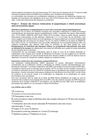 90
mêmes patients et étudier le taux des lymphocytes Th17 ainsi que du récepteur de l'IL-17 dans la moelle
osseuse de patients atteints de MM et leur corrélation avec l’évolution de la pathologie.
La confrontation des données de la prolifération cellulaire en présence des différentes drogues aux
résultats de l’expression des régulateurs de la voie JAK /STAT3 devrait mieux cerner l’implication de
celle –ci dans les mécanismes de résistance au traitement.
Projet 2 : Analyse des facteurs moléculaires et epigenetiques à intérêt pronostique
dans les leucémies aigues
Altérations génétiques et épigénétiques au cours des Leucemies Aigues Myeloblastiques
Nous avons mis en place une paillasse d’analyse des anomalies moléculaires à intérêt pronostique
caractéristiques des leucemies aigues myeloblastiques (LAM). L’ensemble des gènes cibles étudiés
sont : FLT3, NPM1, DNMT3A, IDH1 IDH2, EZH2, Evi1a et ASXL1. Dans ce cadre d’étude, plusieurs
observations intéressantes ont été obtenues. (références 2, 3, 4) A la base de ces dernières, nous
avons suggéré que la détermination du profil génétique de chaque patient par une étude mutationnelle
et fonctionnelle des biomarqueurs de classe I (FLT3), de classe II (NPM1) et de classe III (DNMT3A,
IDH, EZH2, Evi1a), en combinaison avec les profils cytologiques et immunophénotypiques offre une
meilleure stratification des patients LAM selon le pronostic et doit alors guider les choix
thérapeutiques et I’indication des thérapies cibIées. La compétitivité internationaIe rude dans
ce domaine et Ie manque de collaboration nous pose des difficultés pour publier la masse importante
de nos résultats dans ce domaine.
L’introduction de ces anomalies moléculaires dans le cadre du suivi de la maladie résiduelle en
collaboration avec l’équipe de la faculté de Médecine de Sousse ( tel que suggéré par la dernière
évaluation) est envisagé. Ce type de travail devrait donc aboutir à établir un arbre de décision dans le
diagnostic et la prise en charge des malades adaptés au contexte tunisien.
Exploration moléculaire des néoplasies myeloproliferatives
Les néoplasies myeloproliferatives (NMP) regroupent un groupe hétérogène d’hémopathies
caractérisées par la prolifération clonale et dérégulée de cellules souches hématopoïétiques sans
blocage de maturation. Les bases moléculaires des NMP sont restées incomprises jusqu'à 2005 date
à laquelle fut décrite pour la première fois la mutation V617F de JAK2 comme mutation récurrente et
qui entraine l’activation de la voie JAK/STAT impliquée dans la signalisation des cytokines de la lignée
granuleuse. d’autres anomalies moleculaires impliquant la Calreticuline et le Gene MPL ont été mises
en evidence et ont permis d’aider à la confirmation du diagnostic et la stratification du risque
thrombotique chez ces patients.
Nos nous proposons dans le cadre de la these de Melle Marwa Abdelghani de mettre au point la
recherche des mutations de la Calreticuline et de MPL chez des patients suspects de NMP lorsque la
recherche de la mutation JAK2V617F est négative .ces resultats pourront aider dans la stratification
pronostique des patients en vue d’evaluer le risque thrombotique.
Les chiffres clés en 2018 :
12 Conférences
3 Vacations et Cours rémunérés donnés
13 Participation à des Jury
8 Communications orales et affichées dans des congrès nationaux et 12 dans des congrès
internationaux
1 Publications dans des revues nationales 6 Publications dans des revues
internationales 1 autres
4 Projets (1 en cours 3 obtenus)
8 Formations continues réalisées en Tunisie 2 à l’étranger
7 Diplômes soutenus 11diplômes en cours
 