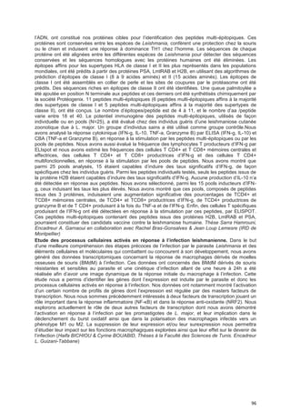 96
l’ADN, ont constitué nos protéines cibles pour l’identification des peptides multi-épitopiques. Ces
protéines sont conservées entre les espèces de Leishmania, confèrent une protection chez la souris
ou le chien et induisent une réponse à dominance TH1 chez l’homme. Les séquences de chaque
protéine ont été alignées entre les différentes espèces de Leishmania pour détecter des séquences
conservées et les séquences homologues avec les protéines humaines ont été éliminées. Les
épitopes affins pour les supertypes HLA de classe I et II les plus représentés dans les populations
mondiales, ont été prédits à partir des protéines PSA, LmlRAB et H2B, en utilisant des algorithmes de
prédiction d’épitopes de classe I (8 à 9 acides aminés) et II (15 acides aminés). Les épitopes de
classe I ont été assemblés en collier de perle et les sites de coupures par le protéasome ont été
prédits. Des séquences riches en épitopes de classe II ont été identifiées. Une queue palmitoylée a
été ajoutée en position N terminale aux peptides et ces derniers ont été synthétisés chimiquement par
la société Protéogenix. 11 peptides multi-épitopiques (6 peptides multi-épitopiques affins à la majorité
des supertypes de classe I et 5 peptides multi-épitopiques affins à la majorité des supertypes de
classe II), ont été conçus. Le nombre d’épitopes/peptide est de 4 à 11, et le nombre d’aa /peptide
varie entre 18 et 40. Le potentiel immunogène des peptides multi-épitopiques, utilisés de façon
individuelle ou en pools (N=25), a été évalué chez des individus guéris d’une leishmaniose cutanée
zoonotique due à L. major. Un groupe d’individus sains a été utilisé comme groupe contrôle.Nous
avons analysé la réponse cytokinique (IFN-g, IL-10, TNF-a, Granzyme B) par ELISA (IFN-g, IL-10) et
CBA (TNF-a et Granzyme B), en réponse à la stimulation par les peptides multi-épitopiques ou par les
pools de peptides. Nous avons aussi évalué la fréquence des lymphocytes T producteurs d’IFN-g par
ELIspot et nous avons estimé les fréquences des cellules T CD4+ et T CD8+ mémoires centrales et
effectrices, des cellules T CD4+ et T CD8+ productrices d’IFN-g et des cellules T CD4+
multifonctionnelles, en réponse à la stimulation par les pools de peptides. Nous avons montré que
parmi 25 pools analysés, 15 étaient capables d’induire des taux significatifs d’IFN-g, de façon
spécifiques chez les individus guéris. Parmi les peptides individuels testés, seuls les peptides issus de
la protéine H2B étaient capables d’induire des taux significatifs d’IFN-g. Aucune production d’IL-10 n’a
été détectée en réponse aux peptides. Nous avons sélectionné, parmi les 15 pools inducteurs d’IFN-
g, ceux induisant les taux les plus élevés. Nous avons montré que ces pools, composés de peptides
issus des 3 protéines, induisaient une augmentation significative des pourcentages de TCD4+ et
TCD8+ mémoires centrales, de TCD4+ et TCD8+ productrices d’IFN-g, de TCD4+ productrices de
granzyme B et de T CD4+ produisant à la fois du TNF-a et de l’IFN-g. Enfin, des cellules T spécifiques
produisant de l’IFN-g ont été détectées en réponse à la stimulation par ces peptides, par ELISPOT.
Ces peptides multi-épitopiques contenant des peptides issus des protéines H2B, LmlRAB et PSA,
pourraient constituer des candidats vaccine contre la leishmaniose humaine. Thèse Sarra Hamrouni,
Encadreur A. Garnaoui en collaboration avec Rachel Bras-Gonsalves & Jean Loup Lemesre (IRD de
Montpellier)
Etude des processus ceIIuIaires activés en réponse à I’infection Ieishmanienne. Dans le but
d’une meilleure compréhension des étapes précoces de l’infection par le parasite Leishmania et des
éléments cellulaires et moléculaires qui combattent ou concourent à son développement, nous avons
généré des données transcriptomiques concernant la réponse de macrophages dérivés de moelles
osseuses de souris (BMdM) à l’infection. Ces données ont concernés des BMdM dérivés de souris
résistantes et sensibles au parasite et une cinétique d’infection allant de une heure à 24h a été
réalisée afin d’avoir une image dynamique de la réponse initiale du macrophage à l’infection. Cette
étude nous a permis d’identifier les gènes dont l’expression est induite par le parasite et donc les
processus cellulaires activés en réponse à l’infection. Nos données ont notamment montré l’activation
d’un certain nombre de profils de gènes dont l’expression est régulée par des masters facteurs de
transcription. Nous nous sommes précédemment intéressés à deux facteurs de transcription jouant un
rôle important dans la réponse inflammatoire (NF-κB) et dans la réponse anti-oxidante (NRF2). Nous
explorons actuellement le rôle de deux autres facteurs de transcription dont nous avons démontré
l’activation en réponse à l’infection par les promastigotes de L. major, et leur implication dans le
déclenchement du burst oxidatif ainsi que dans la polarisation des macrophages infectés vers un
phénotype M1 ou M2. La suppression de leur expression et/ou leur surexpression nous permettra
d’étudier leur impact sur les fonctions macrophagiques explorées ainsi que leur effet sur le devenir de
l’infection (Haifa BICHIOU & Cyrine BOUABID, Thèses à la Faculté des Sciences de Tunis. Encadreur
L. Guizani-Tabbane)
 