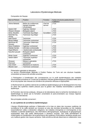 104
Laboratoire d’Epidémiologie Médicale
Composition de l’équipe
Nom et Prénom Position Fonction Autres structures pasteuriennes
d’affiliation
Jihène Bettaieb Maître de conférences
Agrégé Hospitalo-
Universitaire
Chef de
service
LTCII
Sadok Chlif Ingénieur Général LTCII
Wissem Ghawar Biologiste adjoint LTCII
Aicha Boukthir Technicien Sup Major Surveillant LTCII
Nebil Bel Haj
Hmida
Technicien Sup Major LTCII
Adel Gharbi Technicien LTCII
Mongi Dellagi Technicien contractuel LTCII
Mohamed Ali
Snoussi
Technicien Vétérinaire
Principal
LTCII
Sana Chaâbène Ingénieur contractuel LTCII
Rabiâa Harrabi Infirmière contractuelle LTCII
Hayet Mhenni Gestionnaire contractuelle LTCII
Kaouther jaouadi Biologiste adjoint
contractuel
LTCII
Rihab Yazidi Ingénieur contractuel LTCII
Sadok Salem Technicien supérieur
contractuel
LTCII
Ghassen
kharroubi
Médecin spécialiste
contractuel
LTCII
Ines Chérif Résidente en medicine LTCII
Mbarek nasri Technicien contractuel LTCII
Présentation générale du laboratoire
Le service d’Epidémiologie Médicale à l’Institut Pasteur de Tunis est une structure hospitalo-
universitaire qui assure les activités suivantes :
i) Participation à l’amélioration des connaissances sur le profil épidémiologique des maladies
transmissibles prioritaires en Tunisie par la réalisation d'études épidémiologiques populationnelles dans
le but de proposer des mesures de contrôle et de prévention efficaces et appropriées.
ii) Renforcement du système national de surveillance épidémiologique par le développement et la mise
en place des systèmes d’alerte précoce pour la gestion des maladies transmissibles à potentiel
épidémique.
iii) Promotion des bonnes pratiques, cliniques et de laboratoires dans la recherche biomédicale et en
épidémiologie du terrain par la formation universitaire et post-universitaire aux niveaux régional,
national, et international.
Nos principales activités concernent :
A. Les systèmes de surveillance épidémiologique
L'équipe d’Epidémiologie participe à l'élaboration et la mise en place des nouveaux systèmes de
surveillance et de veille sanitaire qui incorpore en plus des données temporelles sur les maladies
(essentiellement celles à déclaration obligatoire, les maladies émergentes et ré-émergentes et les
maladies à potentiel épidémique), des informations démographiques, écologiques et géographiques
superposées dans des cartes électroniques à plusieurs couches. Ces outils permettraient la
modernisation et l'amélioration de la performance des systèmes d'informations sanitaires actuels pour
une meilleure gestion des risques sanitaires. Cette activité se déroule désormais en collaboration avec
 