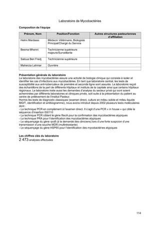 114
Laboratoire de Mycobactéries
Composition de l’équipe
Prénom, Nom Position/Fonction Autres structures pasteuriennes
d’affiliation
Helmi Mardassi Médecin Vétérinaire, Biologiste
Principal/Chargé du Service
Besma Mhenni Technicienne supérieure
majeure/Surveillante
Saloua Ben Fredj Technicienne supérieure
Maherzia Lahmar Ouvrière
Présentation générale du laboratoire
Le laboratoire des mycobactéries assure une activité de biologie clinique qui consiste à isoler et
identifier les cas d’infections aux mycobactéries. En tant que laboratoire central, les tests de
susceptibilité aux anti-tuberculeux de première et seconde ligne sont assurés. Le laboratoire reçoit
des échantillons de la part de différents hôpitaux et instituts de la capitale ainsi que certains hôpitaux
régionaux. Le laboratoire traite aussi les demandes d’analyse du secteur privé qui sont soient
acheminées par différents laboratoires et cliniques privés, soit suite à la présentation du patient au
centre de prélèvement de l’Institut Pasteur.
Hormis les tests de diagnostic classiques (examen direct, culture en milieu solide et milieu liquide
MGIT, identification et antibiogramme), nous avons introduit depuis 2002 plusieurs tests moléculaires
dont :
- La technique PCR en complément à l’examen direct. Il s’agit d’une PCR « in house » qui cible la
séquence d’insertion IS6110
- La technique PCR ciblant le gène RecA pour la confirmation des mycobactéries atypiques
- La technique PRA pour l’identification des mycobactéries atypiques
- Le séquençage du gène rpoB (à la demande des cliniciens) lors d’une forte suspicion d’une
transmission d’une souche MDR (multirésistante)
- Le séquençage du gène HSP65 pour l’identification des mycobactéries atypiques
Les chiffres clés du laboratoire
2 473 analyses effectuées
 