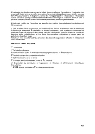 120
L’exploration du globule rouge comporte l’étude des anomalies de l’hémoglobine, l’exploration des
enzymes érythrocytaires ainsi que les anomalies de la membrane des globules rouges dans les anémies
hémolytiques.une activité de diagnostic prenatal des hemoglobinopathies est assurée en collaboration
avec le service de génétique de l’hôpital Charles Nicolle qui se charge de l’extraction de l’ADN fœtal à
partir de villosités choriales puis nous adresse ce prélèvement pour criblage mutationnel.
L’étude des troubles de l’hémostase est assurée pour explorer des pathologies thrombotiques et
hémorragiques.
A côté de cette activité diagnostique, nous réalisons des travaux de recherche dans le laboratoire
d’hématologie moléculaire et cellulaire Ces travaux consistent à une exploration fonctionnelle et
moléculaire des mécanismes d’oncogenèse dans les hémopathies malignes (myélome multiple et
Leucémie aigüe myéloblastique) et une étude des anomalies moléculaires en rapport avec les
pathologies du globule rouge.
Par ailleurs nous accueillons et nous encadrons des étudiants stagiaires de la faculté de médecine et
des autres facultés.
Les chiffres clés du laboratoire
7 Conférences
7 Participations à des Jury
8 communications orales et affichées dans des congrès nationaux et 5 internationaux
2 Publications dans des revues internationales
4 Diplômes soutenus et 2 en cours
2 Formation continue réalisée en Tunisie et 2 à l’étranger
3 Organisation ou contribution à l’organisation de Réunions et d’Evènements Scientifiques
Internationaux
15 914 Analyse effectuées et 2 Nouvellement Introduites
 