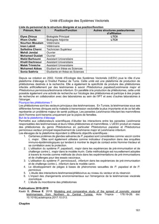 161
Unité d'Ecologie des Systèmes Vectoriels
Liste du personnel de la structure désignée et sa position/fonction
Prénom, Nom Position/Fonction Autres structures pasteuriennes
d’affiliation
Elyes Zhioua Biologiste Principal LTCII
Ifhem Chelbi Biologiste Adjointe LTCII
Nourhen Mssalam Vétérinaire
Imen Labidi Vétérinaire
Saifedine Cherni Technicien Supérieur
Mehdi Jemâai Ouvrier
Mohamed Ouslati Ouvrier
Walid Barhoumi Assistant Universitaire
Khalil Dachraoui Assistant Universitaire
Malek Trimèche Assistant Universitaire
Mohamed Abbas Etudiant en thèse es Sciences
Sonia Sakhria Etudiante en thèse es Sciences
Depuis sa création en 2002, l’Unité d’Ecologie des Systèmes Vectoriels (UESV) joue le rôle d’une
plateforme d’élevage à l’Institut Pasteur de Tunis. Cette unité est une plateforme de production de
phlébotomes destinés à la recherche. Elle a également la spécificité de produire des phlébotomes
infectés artificiellement par des leishmanies à savoir Phlebotomus papatasi/Leishmania major et
Phlebotomus perniciosus/leishmania infantum. En parallèle à la production de phlébotomes, cette unité
possède également une activité de recherche sur l’écologie des phlébotomes et participe à des projets
de recherche en collaboration avec des laboratoires au sein de l’IPT et avec d’autres laboratoires à
l’étranger.
Pourquoi les phlébotomes ?
Les phlébotomes sont les vecteurs principaux des leishmanioses. En Tunisie, la leishmaniose sous ses
différentes formes cliniques est la maladie à transmission vectorielle la plus importante et de ce fait elle
représente un problème majeur de santé publique. Les parasites Leishmania infectant les mammifères
dont l’homme sont transmis uniquement par la piqûre de femelles.
But de la plateforme d’élevage
Permettre aux collaborateurs scientifiques d’étudier les interactions entre les parasites Leishmania
responsables des leishmanioses et leurs hôtes phlébotomes et mammifères. L’UESV produit en masse
des phlébotomes du genre Phlebotomus en particulier Phlebotomus papatasi et Phlebotomus
perniciosus vecteur principal respectivement de Leishmania major et Leishmania infantum.
Les élevages de la plateforme répondent à différents objectifs scientifiques :
1. Certaines protéines de glandes salivaires de P. papatasi sont considérées comme vaccin contre
L. major. Elles sont également utilisées comme indicateur d’exposition dans des enquêtes
immuno-épidémiologiques qui tendent à montrer le degré de contact entre Homme-Vecteur et
sa corrélation avec la protection.
2. L’utilisation du système P. papatasi/L. major dans les expériences de pré-immunisation et de
challenge contre L. major dans le modèle murin. Cette méthodologie est nouvellement adoptée
à travers le monde comme méthode de choix dans les expérimentations de pré-immunisations
et de challenges pour des essais vaccinaux.
3. L’utilisation du système P. perniciosus/L. infantum dans les expériences de pré-immunisation
et de challenge contre L. infantum dans le modèle canin.
4. Le développement de pièges à bases de phéromones sexuelles de P. papatasi et de P.
pernicious.
5. L’étude des interactions leishmanies/phlébovirus au niveau du vecteur et du réservoir.
6. L’impact des changements environnementaux sur l’émergence de la leishmaniose viscérale
zoonotique.
7. L’étude du mocribiome des phlébotomes
Publications 2018-2019
Kaabi B, Zhioua E. 2018. Modeling and comparative study of the spread of zoonotic visceral
leishmaniasis from Northern to Central Tunisia. Acta Tropica . 178:19-26. doi:
10.1016/j.actatropica.2017.10.013.
Chapitre
 