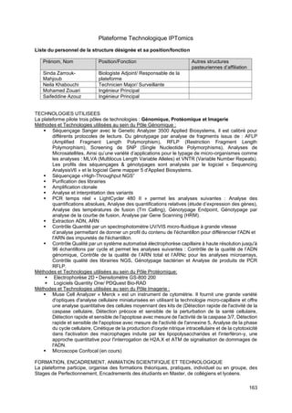 163
Plateforme Technologique IPTomics
Liste du personnel de la structure désignée et sa position/fonction
Prénom, Nom Position/Fonction Autres structures
pasteuriennes d’affiliation
Sinda Zarrouk-
Mahjoub
Biologiste Adjoint/ Responsable de la
plateforme
Neila Khabouchi Technicien Major/ Surveillante
Mohamed Zouari Ingénieur Principal
Saifeddine Azouz Ingénieur Principal
TECHNOLOGIES UTILISEES
La plateforme pilote trois pôles de technologies : Génomique, Protéomique et Imagerie
Méthodes et Technologies utilisées au sein du Pôle Génomique :
▪ Séquençage Sanger avec le Genetic Analyzer 3500 Applied Biosystems, il est calibré pour
différents protocoles de lecture. Du génotypage par analyse de fragments issus de : AFLP
(Amplified Fragment Length Polymorphism), RFLP (Restriction Fragment Length
Polymorphism), Screening de SNP (Single Nucleotide Polymorphisms), Analyses de
Microsatellites, Ainsi qu’une variété d’applications pour le typage de micro-organismes comme
les analyses : MLVA (Multilocus Length Variable Alleles) et VNTR (Variable Number Repeats).
Les profils des séquençages & génotypages sont analysés par le logiciel « Sequencing
AnalysisV6 » et le logiciel Gene mapper 5 d'Applied Biosystems.
▪ Séquençage «High-Throughput NGS”
▪ Purification des librairies
▪ Amplification clonale
▪ Analyse et interprétation des variants
▪ PCR temps réel « LightCycler 480 II » permet les analyses suivantes : Analyse des
quantifications absolues, Analyse des quantifications relatives (étude d’expression des gènes),
Analyse des températures de fusion (Tm Calling), Génotypage Endpoint, Génotypage par
analyse de la courbe de fusion, Analyse par Gene Scanning (HRM).
▪ Extraction ADN, ARN
▪ Contrôle Quantité par un spectrophotomètre UV/VIS micro-fluidique à grande vitesse
d’analyse permettant de donner un profil du contenu de l'échantillon pour différencier l'ADN et
l'ARN des impuretés de l'échantillon.
▪ Contrôle Qualité par un système automatisé électrophorèse capillaire à haute résolution jusqu'à
96 échantillons par cycle et permet les analyses suivantes : Contrôle de la qualité de l’ADN
génomique, Contrôle de la qualité de l’ARN total et l’ARNc pour les analyses microarrays,
Contrôle qualité des librairies NGS, Génotypage bactérien et Analyse de produits de PCR
RFLP.
Méthodes et Technologies utilisées au sein du Pôle Protéomique:
▪ Electrophorèse 2D • Densitomètre GS-800 200
▪ Logiciels Quantity One/ PDQuest Bio-RAD
Méthodes et Technologies utilisées au sein du Pôle Imagerie :
▪ Muse Cell Analyzer « Merck » est un instrument de cytométrie. Il fournit une grande variété
d'optiques d'analyse cellulaire miniaturisées en utilisant la technologie micro-capillaire et offre
une analyse quantitative des cellules moyennant des kits de (Détection rapide de l'activité de la
caspase cellulaire, Détection précoce et sensible de la perturbation de la santé cellulaire,
Détection rapide et sensible de l'apoptose avec mesure de l'activité de la caspase 3/7, Détection
rapide et sensible de l'apoptose avec mesure de l'activité de l'annexine 5, Analyse de la phase
du cycle cellulaire, Cinétique de la production d'oxyde nitrique intracellulaire et de la cytotoxicité
dans l'activation des macrophages induite par les lipopolysaccharides et l'interféron-y, une
approche quantitative pour l'interrogation de H2A.X et ATM de signalisation de dommages de
l'ADN.
▪ Microscope Confocal (en cours)
FORMATION, ENCADREMENT, ANIMATION SCIENTIFIQUE ET TECHNOLOGIQUE
La plateforme participe, organise des formations théoriques, pratiques, individuel ou en groupe, des
Stages de Perfectionnement, Encadrements des étudiants en Master, de collégiens et lycéens.
 