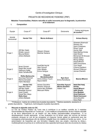 189
Centre d’Investigation Clinique
PROJETS DE RECHERCHE FEDEREE (PRF)
Maladies Transmissibles, Histoire naturelle et outils innovants pour le diagnostic, la prévention
et le traitement
I. Composition
Equipe Corps A(1)
Corps B(2)
Doctorants
Cadres techniques
de soutien(3)
Activité
transversal
Henda Triki Monia Ardhaoui Anissa Nourry
Projet 1
Afif Ben Salah
Dhafer Laouini
Mourad Mokni
Jihène Bettaieb
Wissem Ghawar
Mokhtar Saidane
Ghassen Kharroubi
Wissem Zid
Sana Chaabane
Rihab Yazidi
Aymen Bali
Nabil BelHaj Hmida
Adel Gharbi
Mohamed Ali Snoussi
Sadak Salem
Mongi Dellagi
Hayet Mhenni
Said Chouchane
Projet 2
Ikram Guizani
Riadh Ben Ismail
Kalthoum Kallel
Akila Fathalla-Milli
Insaf Bel Haj Ali
Alya Yacoub
Imen Mkada
Emna Harigua
Yusr Saadi
Chema Zoghlemi
Ahmed Chakroun
Jomaa Chemkhi
Projet 3
Ridha Barbouche
Soumaya Rammeh
Mamia bensalah
Helmi Merdassi
Chaouki
Benabdessalem
Amira Arfaoui Toumi
Neyra Dekhil
Rym Ouni
Emna Romdhane
Besma Mhenni
Projet 4
Henda Triki
Nabil Ben Mami
Afif Ben Salah
Msaddek Azzouz
Imed Cheikh
Nissaf Ben Alaya
Wafa Aissi
Jihène Bettaieb
Anissa Chouikha
Wissem Ghaouar
Imene Ben Dhifallah
Marouani Ridha
Kaouther Ayouni
Marwa Khedhiri
Hatem Triki
Nabil Bel Hadj
Hmida
Hayet Mhenni
Adel Gharbi
Zina Meddeb
Amal Sadraoui
Walid Hammami
Aicha Boukthir
Sana Rajhi
1
Professeurs, maitres de conférences et grades équivalents ; 2
Maitres assistants, assistants et
grades équivalents ; 3
Ingénieurs, technologues et grades équivalents.
I. Résumé et objectifs visés du CIC
Le CIC de l’Institut Pasteur de Tunis vise à contribuer à un meilleur contrôle de 3 maladies
transmissibles les fréquentes en Tunisie par : i) Une meilleure compréhension de leur histoire naturelle
et de leurs déterminants en se basant sur des études populationnelles prospectives ; ii) Le
développement d’outils appropriés et leur évaluation sur le terrain selon les normes de bonnes
pratiques cliniques en vue de les enregistrer et d’assurer l’accès global en partenariat avec les
compagnies pharmaceutiques afin de réduire l’inégalité face à la maladie et l’accès aux soins ; iii) La
pérennisation de l’expertise par une formation intégrée dans ces projets « learning by doing »,
multidisciplinaire et pointue et un renforcement des capacités techniques dans les structures du réseau
.
 