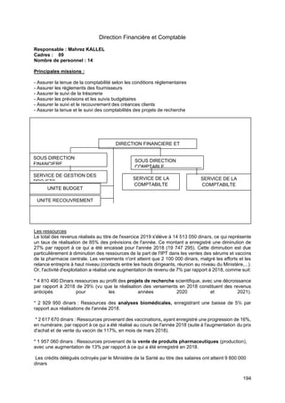 194
Direction Financière et Comptable
Responsable : Mahrez KALLEL
Cadres : 09
Nombre de personnel : 14
Principales missions :
- Assurer la tenue de la comptabilité selon les conditions réglementaires
- Assurer les règlements des fournisseurs
- Assurer le suivi de la trésorerie
- Assurer les prévisions et les suivis budgétaires
- Assurer le suivi et le recouvrement des créances clients
- Assurer la tenue et le suivi des comptabilités des projets de recherche
Organigramme:
Effectif:
Réalisations budgétaires :
Les ressources
Le total des revenus réalisés au titre de l'exercice 2019 s'élève à 14 513 050 dinars, ce qui représente
un taux de réalisation de 85% des prévisions de l'année. Ce montant a enregistré une diminution de
27% par rapport à ce qui a été encaissé pour l'année 2018 (19 747 295). Cette diminution est due
particulièrement à diminution des ressources de la part de l'IPT dans les ventes des sérums et vaccins
de la pharmacie centrale. Les versements n'ont atteint que 2 100 000 dinars, malgré les efforts et les
relance entrepris à haut niveau (contacts entre les hauts dirigeants, réunion au niveau du Ministère,...).
Or, l'activité d'exploitation a réalisé une augmentation de revenu de 7% par rapport à 2018, comme suit:
* 4 810 490 Dinars ressources au profit des projets de recherche scientifique, avec une décroissance
par rapport à 2018 de 29℅ (vu que la réalisation des versements en 2018 constituent des revenus
anticipés pour les années 2020 et 2021).
* 2 929 950 dinars : Ressources des analyses biomédicales, enregistrant une baisse de 5℅ par
rapport aux réalisations de l'année 2018.
* 2 617 670 dinars : Ressources provenant des vaccinations, ayant enregistré une progression de 16%,
en numéraire, par rapport à ce qui a été réalisé au cours de l'année 2018 (suite à l'augmentation du prix
d'achat et de vente du vaccin de 117%, en mois de mars 2018).
* 1 957 060 dinars : Ressources provenant de la vente de produits pharmaceutiques (production),
avec une augmentation de 13% par rapport à ce qui a été enregistré en 2018.
Les crédits délégués octroyés par le Ministère de la Santé au titre des salaires ont atteint 9 800 000
dinars
DIRECTION FINANCIERE ET
COMPTABLE
SOUS DIRECTION
FINANCIERE
SOUS DIRECTION
COMPTABLE
SERVICE DE GESTION DES
PROJETS
SERVICE DE LA
COMPTABILTE
GENERALE
SERVICE DE LA
COMPTABILTE
ANALITIQUE
UNITE BUDGET
UNITE RECOUVREMENT
 