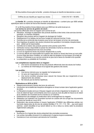 201
Mr Nourreddine Amara gère la famille : produits chimiques et réactifs de laboratoires a savoir
Chiffres de ces réactifs par rapport aux stocks 4 544 316.161 = 65.99%
La famille 10 « produits chimiques et réactifs de laboratoires » contient plus que 5000 articles
spécifiques selon la chaine de froid et les diverses compositions.
D’ où Mr Nourreddine Amara élabore plus que 2000 bon de sortie local par an.
Les taches du service de gestion de stock :
Les taches effectuées dans le magasin sont comme le suit :
• Réception, stockage et préparation des produits destinés à être livrés à des services donnés
(entrepôt, ou chambre réfrigéré).
• Réception des produits dans le magasin de stockage de l’institut.
• Etablissement d’un tableau de bord pour budget de carburant tout les 3 mois.
• Contrôle de la conformité des livraisons avec le bon de livraison et le bon de commande.
• Suivi logistique de gestion des stocks (introduire les quantités à l’arrivée(les réceptionnées)
puis valider par le responsable).
• Contrôle de la rotation des produits (premier entre premier sorti) FIFO.
• Vérification de leur disponibilité et passer les demandes d’achat au service achat.
• Distribution et établissement des bons de sorties.
• Le suivi du logiciel de stocks de produits réceptionnés ou sortis.
• Le service affecté est responsable de la gestion des stocks en tenant des livres qui sont prêts
à suivre l'état des biens mobiliers, en notant la date de réception du fournisseur et la date de
livraison à l'intéressé ou au service concerné en plus de la nature du transfert et la quantité.
• La préparation au préalable de l’inventaire
Les compétences requises dans un magasin :
• Une bonne connaissance de tous les produits référenciés dans les stocks de l’institut.
• La maîtrise de l’informatique et du logiciel des gestions des stocks.
Les qualités :
• Une bonne mémoire pour se rappeler de l’emplacement.
• Un sens de l’organisation et de l’ordre.
• Une bonne condition physique (pour assurer les travaux liés aux rangements et aux
déplacements des articles).
• Ne redoute pas les tâches répétitives.
Réalisations en 2018 et 2019 :
• Réapprovisionnement à temps des bons de carburant.
• Introduction de la totalité des réceptions étrangères en dinars tunisien dans l’application gestion
de stock.
• La Réceptions locales est à jour (l’équipe magasin est arrivée à régulariser la réception de six
mois de retard de façon concomitante avec le en cours du mois de juillet et d’aout (vu le retard
de la validation de l’inventaire de fin d’année du 31/12/2018).
• Etablissement des étalages et amélioration dans l’aménagement du magasin.
• Réalisation de l’opération de l’inventaire tournant en octobre afin de corriger les mouvements
du stock de l’année en cours 2019.
• Elaboration des procès-verbaux à travers l’application STKMAG des différentes articles non
tournants depuis plus de dix ans de certains familles (f 10 ; f11 ; f 12 ; f30…..)qui sont soient
périmes ; soient obsolètes et qui seront détruit ou mis a rebus ou vendu selon la procédure
réglementaire adéquate.
Contraintes :
• Souffrance d’un logiciel des stocks présentant des anomalies excessives.
• Les sorties manuelles émanant d’un prélèvement d’urgence toujours existantes.
• Inexistence d’une commission permanente de l’inventaire.
 