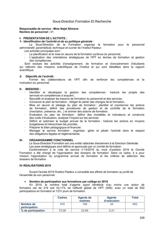 208
Sous-Direction Formation Et Recherche
Responsable de service : Mme Najet Slimane
Nombre de personnel : 01
I- PRESENTATION DE L’ACTIVITE :
1- Identification de l’activité et de sa politique générale :
La Sous-Direction de la Formation organise la formation pour le personnel
administratif, paramédical, technique et ouvrier de l’Institut Pasteur.
Les activités principales sont :
- La planification et la mise en œuvre de la formation continue du personnel,
- L’application des orientations stratégiques de l’IPT en termes de formation et gestion
des compétences.
Sont exclues les activités d’enseignement, de formation et d’encadrement d’étudiants
qui relèvent des missions scientifiques de l’Institut et qui sont détaillées dans le rapport
scientifique.
2- Objectifs de l’activité :
Former les collaborateurs de l’IPT afin de renforcer les compétences et la
motivation du personnel.
II- MISSIONS :
- Identifier et développer la gestion des compétences : traduire les projets des
services en compétences à acquérir,
- Recueillir et analyser les besoins de formation du personnel et des services,
- Concevoir le plan de formation : rédiger le cahier des charges de la formation,
- Mise en œuvre et pilotage du plan de formation : planifier et coordonner les actions
de formation, définir des procédures de gestion et de contrôle de la formation
(inscription, présence, etc...) et animer des actions de formation,
- Evaluation du plan de formation : définir des modalités et indicateurs et construire
des outils d’évaluation, analyser l’impact sur les services
- Définir et optimiser le budget annuel de la formation : traduire les actions en moyens
budgétaires et hiérarchiser les priorités,
- Préparer le bilan pédagogique et financier,
- Manager le service formation : organiser, gérer et piloter l’activité dans le respect
des obligations légales et règlementaires.
III- ORGANIGRAMME FONCTIONNEL
La Sous-Direction Formation est une entité rattachée directement à la Direction Générale.
Les axes stratégiques sont définis et approuvés par un comité de formation.
Conformément à la note de service n°14/2016 du mois d’octobre 2016 le Comité
Formation a été chargé de l’approbation des dossiers de formation. Dans ce cadre, il a pour
mission l’approbation du programme annuel de formation et les critères de sélection des
dossiers de formation.
IV-REALISATIONS 2019
Durant l'année 2019 l'Institut Pasteur a consolidé ses efforts de formation au profit de
l'ensemble de son personnel.
• Nombre de participation aux formations par collège en 2019
En 2019, le nombre total d’agents ayant bénéficié d’au moins une action de
formation est de 219 soit 43,11% de l’effectif global de l’IPT (508), avec un total de 652
participations en formation et 1231 jours de formation.
Cadres Agents de
maitrise
Agents
d’exécution
Total
Nombre de
participation
470 148 34 652
% de participation 72.08 22.69 5.21
 
