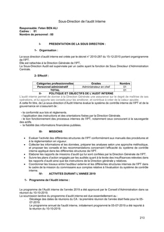 213
Sous-Direction de l’audit Interne
Responsable: Feten BEN ALI
Cadres : 01
Nombre de personnel : 00
I- PRESENTATION DE LA SOUS DIRECTION :
1- Organisation :
La sous direction d’audit interne est créée par le décret n° 2010-287 du 15-12-2010 portant organigramme
de l’IPT.
Elle est rattachée à la Direction Générale de l’IPT.
La Sous-Direction Audit est supervisée par un cadre ayant la fonction de Sous Directeur d’Administration
Centrale.
2- Effectif :
II- POLITIQUE ET OBJECTIFS DE L’AUDIT INTERNE
L’audit interne permet de donner à la Direction Générale une assurance sur le degré de maîtrise de ses
opérations, et lui apporte ses conseils pour les améliorer, et contribue à créer de la valeur ajoutée.
A cette fin titre, de La sous-direction d’Audit Interne évalue le système de contrôle interne de l’IPT et de la
gouvernance en s’assurant de :
- la conformité aux lois et règlements.
- l’application des instructions et des orientations fixées par la Direction Générale.
- le bon fonctionnement des processus internes de l’IPT, notamment ceux concourant à la sauvegarde
des actifs.
- la fiabilité des informations financières publiées.
III- MISSIONS
• Evaluer l’activité des différentes structures de l’IPT conformément aux manuels des procédures et
à la réglementation en vigueur.
• Collecter les informations et les données, préparer les analyses selon une approche méthodique,
et proposer les conseils et les recommandations concernant l’efficacité du système de contrôle
interne appliqué dans les différentes structures de l’IPT.
• Elaborer les rapports de missions d’audit qui lui sont confiées par la Direction Générale de l’IPT.
• Suivre les plans d’action engagés par les audités quant à la levée des insuffisances relevées dans
les rapports d’audit ainsi que les instructions de la Direction générale y relatives.
• Coordonner les travaux entre l’auditeur externe et les différentes structures internes de l’IPT dans
le cadre de la mission du commissaire aux comptes relative à l’évaluation du système de contrôle
interne.
IV- ACTIVITES DURANT L’ANNEE 2019
1- Programme de l’Audit interne :
Le programme de l’Audit interne de l’année 2019 a été approuvé par le Conseil d’Administration dans sa
réunion du 10-10-2019.
La soumission tardive du programme d’audit interne est due essentiellement au :
- Décalage des dates de réunions du CA : la première réunion de l’année était fixée pour le 05-
07-2019.
Le programme annuel de l’audit interne, initialement programmé le 05-07-2019 a été reporté à
la réunion du 10-10-2019.
Catégories professionnelles Grades Nombre
Personnel administratif Administrateur en chef 01
TOTAL 01
 