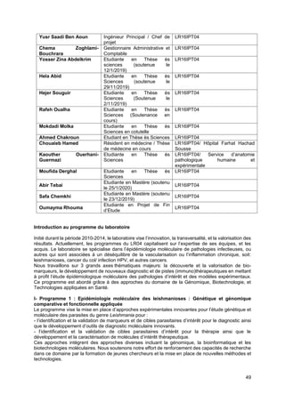 49
Yusr Saadi Ben Aoun Ingénieur Principal / Chef de
projet
LR16IPT04
Chema Zoghlami-
Bouchrara
Gestionnaire Administrative et
Comptable
LR16IPT04
Yosser Zina Abdelkrim Etudiante en Thèse ès
sciences (soutenue le
12/1/2019)
LR16IPT04
Hela Abid Etudiante en Thèse ès
Sciences (soutenue le
29/11/2019)
LR16IPT04
Hejer Souguir Etudiante en Thèse ès
Sciences (Soutenue le
2/11/2019)
LR16IPT04
Rafeh Oualha Etudiante en Thèse ès
Sciences (Soutenance en
cours)
LR16IPT04
Mokdadi Molka Etudiante en Thèse ès
Sciences en cotutelle
LR16IPT04
Ahmed Chakroun Etudiant en Thèse ès Sciences LR16IPT04
Chouaieb Hamed Résident en médecine / Thèse
de médecine en cours
LR16IPT04/ Hôpital Farhat Hachad
Sousse
Kaouther Ouerhani-
Guermazi
Etudiante en Thèse ès
Sciences
LR16IPT04/ Service d’anatomie
pathologique humaine et
expérimentale
Moufida Derghal Etudiante en Thèse ès
Sciences
LR16IPT04
Abir Tebai
Etudiante en Mastère (soutenu
le 25/1/2020)
LR16IPT04
Safa Chemkhi
Etudiante en Mastère (soutenu
le 23/12/2019)
LR16IPT04
Oumayma Rhouma
Etudiante en Projet de Fin
d’Etude
LR16IPT04
Introduction au programme du laboratoire
Initié durant la période 2010-2014, le laboratoire vise l’innovation, la transversalité, et la valorisation des
résultats. Actuellement, les programmes du LR04 capitalisent sur l’expertise de ses équipes, et les
acquis. Le laboratoire se spécialise dans l’épidémiologie moléculaire de pathologies infectieuses, ou
autres qui sont associées à un déséquilibre de la vascularisation ou l’inflammation chronique, soit:
leishmanioses, cancer du col/ infection HPV, et autres cancers.
Nous travaillons sur 3 grands axes thématiques majeurs: la découverte et la valorisation de bio-
marqueurs, le développement de nouveaux diagnostic et de pistes (immuno)thérapeutiques en mettant
à profit l’étude épidémiologique moléculaire des pathologies d’intérêt et des modèles expérimentaux.
Ce programme est abordé grâce à des approches du domaine de la Génomique, Biotechnologie, et
Technologies appliquées en Santé.
I- Programme 1 : Epidémiologie moléculaire des leishmanioses : Génétique et génomique
comparative et fonctionnelle appliquée
Le programme vise la mise en place d’approches expérimentales innovantes pour l’étude génétique et
moléculaire des parasites du genre Leishmania pour :
- l’identification et la validation de marqueurs et de cibles parasitaires d’intérêt pour le diagnostic ainsi
que le développement d’outils de diagnostic moléculaire innovants.
- l’identification et la validation de cibles parasitaires d’intérêt pour la thérapie ainsi que le
développement et la caractérisation de molécules d’intérêt thérapeutique.
Ces approches intègrent des approches diverses incluant la génomique, la bioinformatique et les
biotechnologies moléculaires. Nous soutenons notre effort de renforcement des capacités de recherche
dans ce domaine par la formation de jeunes chercheurs et la mise en place de nouvelles méthodes et
technologies.
 