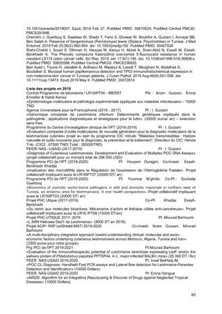 60
10.1051/parasite/2019007. Epub 2019 Feb 27. PubMed PMID: 30810524; PubMed Central PMCID:
PMC6391896.
Chemkhi J, Guerbouj S, Saadawi W, Shaibi T, Faris S, Ghawar W, Boukthir A, Guizani I, Annajar BB,
Ben Salah A. Presence of Sergentomyia (Parrotomyia) lewisi (Diptera: Psychodidae) in Tunisia. J Med
Entomol. 2019 Feb 25;56(2):560-564. doi: 10.1093/jme/tjy192. PubMed PMID: 30407526.
Riahi-Chebbi I, Souid S, Othman H, Haoues M, Karoui H, Morel A, Srairi-Abid N, Essafi M, Essafi-
Benkhadir K. The Phenolic compound Kaempferol overcomes 5-fluorouracil resistance in human
resistant LS174 colon cancer cells. Sci Rep. 2019 Jan 17;9(1):195. doi: 10.1038/s41598-018-36808-z.
PubMed PMID: 30655588; PubMed Central PMCID: PMC6336835.
Ben Ayed I, Tounsi H, Jaballah A, Ardhaoui M, Maaloul A, Lassili T, Mezghani N, Abdelhak S,
Boubaker S. Mucosal human papillomavirus detection and TP53 immunohistochemical expression in
non-melanoma skin cancer in Tunisian patients. J Cutan Pathol. 2019 Aug;46(8):591-598. doi:
10.1111/cup.13473. Epub 2019 May 9. PubMed PMID: 30972814
Liste des projets en 2019
Contrat Programme de laboratoire / LR16IPT04 - MERST PIs : Ikram Guizani, Emna
Ennaifer & Habib Karoui
«Epidémiologie moléculaire et pathologie expérimentale appliquée aux maladies infectieuses» - 75000
TND.
Agence Universitaire pour la Francophonie (2016 - 2017) PI : I. Guizani
«Génomique comparée de Leishmania infantum: Déterminants génétiques impliqués dans la
pathogénie ; applications diagnostiques et stratégiques pour la lutte». (30000 euros/ an) – extension
sans frais.
Programme du Centre d’investigation clinique de l’IPT (2016-2019) PI : I. Guizani
«Evaluation comparée d’outils moléculaires de nouvelle génération pour le diagnostic moléculaire de la
leishmaniose cutanée» projet au sein du programme CIC intitulé: "Maladies transmissibles : Histoire
naturelle et outils innovants pour le diagnostic, la prévention et le traitement", Directeur du CIC: Henda
Triki. (CIC2 : 67500 TND/ Total : 300000TND)
PEER/ NAS –USAID (2017-2019) PI : I. Guizani
«Diagnosis of Cutaneous Leishmaniasis: Development and Evaluation of Multiplex POC DNA Assays»
(projet collaboratif pour un montant total de 296 000 USD)
Programme PCI de l’IPT (2018-2020) PI: Houyem Ouragini, Co-Invest : Essafi-
Benkhadir Khadija
«Implication des microARNs dans la Régulation de l’expression de l’Hémoglobine Fœtale». Projet
collaboratif impliquant aussi le LR16IPT07 (20000 DT/ an)
Programme PCI de l’IPT (2018-2020) PI: Youmna M’ghribi, Co-PI : Souheila
Guerbouj
«Bionomics of zoonotic vector-borne pathogens in wild and domestic mammals in northern west of
Tunisia, an endemic area for leishmaniasis: A one health perspective». Projet collaboratif impliquant
aussi le LR16IPT03 (20000 DT/ an)
Projet PHC Utique (2017-2019) Co-PI: Khadija Essafi-
Benkhadir
«Du venin aux molécules bioactives: Mécanisme d’action et thérapie ciblée anti-cancéreuse». Projet
collaboratif impliquant aussi le LR16 IPT08 (15000 DT/an)
Projet PHC-UTIQUE 2017- 2019 PI: Mourad Barhoumi
«L’ARN Hélicase Ded1 de Leishmania». (8000 DT en 2018).
Projet ACIP- RIIP LeiSHield-MATI 2019-2020 Co-invest: Ikram Guizani, Mourad
Barhoumi
«A multi-disciplinary integrative approach toward understanding clinical, molecular and socio-
economic factors underlying cutaneous leishmaniasis across Morocco, Algeria, Tunisia and Iran»
(3300 euros pour notre groupe)
Prg /PCI de l'IPT 2019-2021 PI:Mourad Barhoumi
«Evaluation of the immunotherapeutic potential of Leishmania tarentolae expressing LieIF and/or the
salivary protein of Phlebotomus papatasi PPTSP44, in L. major-infected BALB/c mice» (20 000 DT / An)
PEER: NAS-USAID 2019-2020 PI: Insaf BelHadj Ali
«POC CL Diagnosis: Handheld Fast PCR assays and Lateral flow detection for Leishmania Parasites
Detection and Identification» (10000 Dollars)
PEER: NAS-USAID 2019-2020 PI: Emna Harigua
«AIR2D: Algorithm for an Integrative Repurposing & Discover of Drugs against Neglected Tropical
Diseases» (10000 Dollars)
 