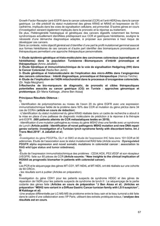 67
Growth Factor Receptor (anti-EGFR dans le cancer colorectal (CCR) et l’anti-HER2neu dans le cancer
gastrique. Le rôle prédictif du statut mutationnel des gènes KRAS et NRAS et l’expression de l’E-
cadhérine, impliqués dans les voies de signalisation cellulaire, est primordial. D’autres gènes en cours
d’investigation seraient également impliqués dans le pronostic et la réponse au traitement.
De plus, l'hétérogénéité histologique et génétiques des cancers digestifs notamment les formes
syndromiques actuellement identifiées prédisposant aux CCR et gastriques héréditaires, souligne la
nécessité d’une démarche diagnostique adaptée, à proposer aux personnes à haut risque de
développer ces cancers.
Dans ce contexte, notre objectif général est d’identifier d’une part le profil mutationnel germinal associé
aux formes héréditaires de ces cancers et d’autre part identifier des biomarqueurs pronostiques et
thérapeutiques permettant une approche thérapeutique personnalisée.
1- Etude épidémio-génétique et histo-moléculaire des carcinomes colorectaux (sporadiques et
héréditaires) dans la population Tunisienne : Biomarqueurs d’intérêt pronostique et
thérapeutique (Amira Jaballah) :
2- Étude Génétique et immunohistochimique de la voie de signalisation Hedgehog (HH) dans
le Cancer Colorectal (Nadia Ben Jemii)
3- Etude génétique et histomoléculaire de l’implication des micro-ARNs dans l’angiogenèse
des cancers colorectaux : Intérêt diagnostique, pronostique et thérapeutique (Hamza Yaïche)
4- Etude de l’implication de l’ADN mitochondrial dans le processus d’oncogenèse colorectale.
(Dr. Najla Mezghani)
5-Recherche de bio-marqueurs de diagnostic, de pronostic et cibles thérapeutiques
potentielles associés au cancer gastrique (CG) en Tunisie : approches génomique et
protéomique. (Dr Maria Kabbage, Jihene Ben Aissa)
Principaux Résultats Obtenus :
1)
- Identification de polymorphismes au niveau de l’exon 20 du gène EGFR avec une expression
immunohistochimique faible de la protéine dans 50% des CCR et mutation du gène pik3ca dans 34
cas de CCRm (article en cours de rédaction)
-L'identification du statut mutationnel du gène KRAS réalisée dans un cadre de recherche a abouti à
la mise en place d’une paillasse de diagnostic moléculaire de prédiction à la réponse à la thérapie
anti-EGFR. (800 patients atteints de CCR métastatiques testés en 2019).
-Identification d’une mutation pathogène au niveau du gène MSH2 chez une famille avec un syndrome
de Lynch (Article publié : Identification of novel pathogenic MSH2 mutation and new DNA repair
genes variants: investigation of a Tunisian lynch syndrome family with discordant twins. Int J
Trans Med.2019”. A Jaballah et al).
2)
-Investigation du gène PDGFRa, GLi1 et SMO et étude de l’expression IHC faite dans 101 CCR et 30
adénomes. Etude de l’association avec le statut mutationnel RAS faite (Article soumis : Dysregulated
PDGFR alpha expression and novel somatic mutations in colorectal cancer : association to
RAS wild type status and tumor sidedness).
3)
-Etude de l’expression immunohistochimique des protéines : CD34,HOX, P53,VEGF et son récepteur
(VEGFR) faite sur 85 pièces de CCR (Article soumis: “New insights to the clinical implication of
HOXA5 as prognostic biomarker in patients with colorectal cancer).
4)
Les PCR et le séquençage des gènes MT-CO1, MT-ND4L et MT-ND5, ont été réalisés sur une cohorte
de 60 CRCm.
- les résultats sont à publier (Articles en préparation).
5)
Investigation du gène CDH1 pour les patients suspects de syndrome HDGC et des gènes de
réparation de l’ADN pour les patients suspects de syndrome de lynch II : Le séquençage de la partie
codante des gènes faite (Articles en cours de préparation “J Ben Aissa et al). (Articles en
préparation “MSH2 rare variant in a Diffuse Gastric Cancer tunisian family with LS II suspicion”,
M Kabbage et al).
-Une analyse différentielle par LC-MS-MS de protéome entre le tissu sain et le tissu tumoral a été faite
dans le cadre d’une collaboration avec l’IP Paris, utilisant des extraits protéiques totaux, l’analyse des
résultats est en cours.
 