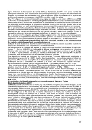 69
Après l'obtention de l'approbation du comité d'éthique Biomédicale de l'IPT, nous avons recruté 150
participants volontaires. Nous avons collecté les données épidémiologiques, cliniques et nutritionnelles. Les
analyses biochimiques ont été réalisées pour tous les individus. Nous avons extrait l'ADN à partir des
prélèvements sanguins et nous avons extrait l'ADN microbien à partir des selles.
Pour l'investigation du microbiote intestinal, le séquençage par NGS du gène codant l’ARN ribosomal 16S
a été réalisé en collaboration avec l’Unité de pathogénie microbienne moléculaire à l’Institut Pasteur à Paris.
Les résultats bruts du NGS ont été analysés avec le pipeline QIIME au laboratoire LR16IPT05 dans le but
de déterminer les différences de la composition génétique du microbiote entre les témoins sains et les
patients diabétiques. Les analyses statistiques pour chercher des différences significatives sont en cours.
En ce qui concerne l’investigation du stress oxydant, les échantillons de plasma des participants ont été
envoyés au laboratoire de neuropharmacologie et de stress cellulaire à l’Institut Armand Frappier (Canada).
Les mesures des concentrations plasmatiques de quelques marqueurs sélectionnés du stress oxydatif et
du système antioxydant ainsi que quelques produits finaux de glycation sont en cours de réalisation.
En ce qui concerne l’investigation génétique, le séquençage d’exome a été réalisé pour une cinquantaine
de participants. L’analyse bioinformatique des données générées par NGS est en cours de réalisation au
laboratoire LR16IPT05 afin d’identifier les variants génétiques associés au DT2 et ses complications.
3- Prospection génétique et phylogénétique de la flore intestinale humaine et son implication dans
les maladies métaboliques chez la population tunisienne
L’objectif de cette étude est (i) d’identifier des biomarqueurs microbiens associés au diabète (ii) d’étudier
l’impact de l’alimentation sur la composition du microbiote intestinal.
La première partie de ce travail été réalisée en collaboration avec Institut d’Investigations Biomediques,
August Pi I Sunyer (IDIBAPS) et l’université de Girona en Espagne. La composition du microbiote
intestinal a été recherchée par PCR quantitative chez 20 patients diabétiques tunisiens de type 1, de type
2 et chez 11 sujets contrôles. Des analyses statistiques multivariées ont été réalisées afin d’étudier les
corrélations entre la distribution du bactériome et les paramètres cliniques.
Nos résultats ont montré une diminution des proportions des Firmicutes, Akkermansia. muciniphila et
Faecalibacterium prausnitzii (p ≤ 0,041) chez les diabétiques de type 1 comparés aux sujets contrôles. Les
proportions d’Akkermansia muciniphila et de Faecalibacterium prausnitzii sont plus basses chez les
diabétiques de type 2 comparées aux contrôles (p ≤ 0,036). Une réduction du rapport Firmicutes /
Bacteroidetes a été observée chez les diabétiques de type 1 comparés aux sujets sains (p = 0,036).
Nous avons remarqué que l’abondance d’Akkermansia muciniphila corrèle négativement avec le taux de
glycémie à jeun (ρ = -0,424, p = 0,022) et d’hémoglobine glyquée (ρ = -0,451 p = 0,035).
En conclusion la composition du microbiote intestinal a été affectée chez les diabétiques de type 1 et chez
les diabétiques de type 2 comparée aux sujets sains. De plus, la réduction des proportions d’Akkermansia
muciniphila serait corrélée avec une élévation des taux de glycémie à jeun et d’hémoglobine glyquée. Ce
travail nous a permis d’identifier un microbiote dysbiotique chez les diabétiques qui pourrait être associé à
un dérèglement métabolique et immunitaire. L’identification de ces nouveaux biomarqueurs pourrait aider à
développer de nouvelles pistes thérapeutiques pour une meilleure prise en charge de diabète (Fassatoui
et al 2019).
II-Investigation pluridisciplinaire des formes monogéniques de diabète en Tunisie
Etude du diabète de type MODY
Le MODY (Maturity Onset Diabetes of the Young) est une forme monogénique du diabète de type 2, due à
une défaillance génétique du fonctionnement des cellules β pancréatiques. L’objectif de cette étude est la
caractérisation épidémiologique, biologique (biochimique, immunologique et nutritionnelle) et génétique des
patients diabétiques de suspicion MODY. Une soixantaine de patients diabétiques avec suspicion de MODY
ont été colligés de la file active des médecins collaborateurs à l'Institut de Nutrition de Tunis. Vu
l’hétérogénéité clinique et génétique de la maladie, nous avons eu recours à des technologies de
séquençage à haut débit (NGS) pour la recherche des mutations causales. Dans un premier temps nous
avons réalisé un séquençage ciblé des régions codantes de 27 gènes, impliqués dans les diabètes
monogéniques incluant le MODY, chez 11 patients tunisiens avec suspicion clinique de MODY. L’analyse
bioinformatique des fichiers issus de NGS (Fastq) a permis d’annoter les variants trouvés pour chaque
patient et de prédire leurs pathogénicités. Le séquençage Sanger a permis de confirmer ces variations et
leurs ségrégations familiales. Cinq variants génétiques hétérozygotes ont été détectés chez quatre patients.
Ils comportent deux mutations dans les gènes HNF1A et GCK, responsables des deux sous-types de MODY
les plus décrits dans la littérature. Les autres variants, incluant une nouvelle mutation altérant un site
d’épissage, ont été détectés dans le gène ABCC8, responsable d’une forme très rare de MODY.
Notre étude est la première à tester l'application clinique du séquençage ciblé de nouvelle génération pour
le diagnostic de MODY en Afrique. La combinaison de cette approche avec une stratégie de filtration /
priorisation a permis un meilleur rendement dans la caractérisation génétique de patients tunisiens avec
suspicion clinique de MODY (Dallali et al 2019).
 