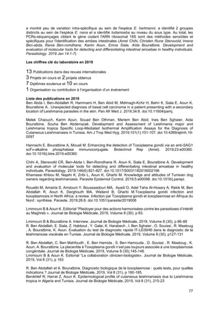 77
a montré peu de variation intra-spécifique au sein de l'espèce E. hartmanni, a identifié 2 groupes
distincts au sein de l'espèce E. nana et a identifié Iodamoeba au niveau du sous type. Au total, les
PCRs-séquençages ciblant le gène codant l'ARN ribosomal 18S sont des méthodes sensibles et
spécifiques pour l'identification des amibes intestinales (Amel Chihi, Christen Rune Stensvold, Imene
Ben-abda, Rania Ben-romdhane, Karim Aoun, Emna Siala, Aïda Bouratbine. Development and
evaluation of molecular tools for detecting and differentiating intestinal amoebae in healthy individuals.
Parasitology. 2019 Jan 14:1-7)
Les chiffres clé du laboratoire en 2019
13 Publications dans des revues internationales
3 Projets en cours et 2 projets obtenus
7 Diplômes soutenus et 10 en cours
1 Organisation ou contribution à l’organisation d’un événement
Liste des publications en 2019
Ben Abda I, Ben-Abdallah R, Hammami H, Ben Abid M, Mdimagh-Kchir H, Bahri K, Siala E, Aoun K,
Bouratbine A.. Unexpected diagnosis of basal cell carcinoma in a patient presenting with a secondary
location of Leishmania parasites in the skin. Pan Afr Med J. 2019;34:8. doi:10.11604/pamj.
Melek Chaouch, Karim Aoun, Souad Ben Othman, Meriem Ben Abid, Ines Ben Sghaier, Aida
Bouratbine, Souha Ben Abderrazak. Development and Assessment of Leishmania major and
Leishmania tropica Specific Loop-Mediated Isothermal Amplification Assays for the Diagnosis of
Cutaneous Leishmaniasis in Tunisia. Am J Trop Med Hyg. 2019;101(1):101-107. doi:10.4269/ajtmh.19-
0097
Hannachi E, Bouratbine A, Mousli M. Enhancing the detection of Toxoplasma gondii via an anti-SAG1
scFv-alkaline phosphatase immunoconjugate. Biotechnol Rep (Amst). 2019;23:e00360.
doi:10.1016/j.btre.2019.e00360
Chihi A, Stensvold CR, Ben-Abda I, Ben-Romdhane R, Aoun K, Siala E, Bouratbine A. Development
and evaluation of molecular tools for detecting and differentiating intestinal amoebae in healthy
individuals. Parasitology. 2019;146(6):821-827. doi:10.1017/S0031182018002196
Khamassi Khbou M, Najahi K, Zribi L, Aoun K, Gharbi M. Knowledge and attitudes of Tunisian dog
owners regarding leishmaniasis. Parasite Epidemiol Control. 2019;5:e00098. doi:10.1016/j.parepi.
Rouatbi M, Amairia S, Amdouni Y, Boussaadoun MA, Ayadi O, Adel Taha Al-Hosary A, Rekik M, Ben
Abdallah R, Aoun K, Darghouth MA, Wieland B, Gharbi M.Toxoplasma gondii infection and
toxoplasmosis in North Africa: a review. Infection par Toxoplasma gondii et toxoplasmose en Afrique du
Nord : synthèse. Parasite. 2019;26:6. doi:10.1051/parasite/2019006
Lmimouni B & Aoun K. Editorial “Plaidoyer pour des actions harmonisées contre les parasitoses d’intérêt
au Maghreb ». Journal de Biologie Médicale, 2019, Volume 8 (30), p 83.
Lmimouni B & Bouratbine A. Interview. Journal de Biologie Médicale, 2019, Volume 8 (30), p 86-88
R. Ben Abdallah, E. Siala, Z. Habboul , Y. Galai, K. Harabech , I. Ben Sghaier , O. Souissi , R. Maatoug
, A. Bouratbine, K. Aoun. Evaluation du test de diagnostic rapide IT-LEISH® dans le diagnostic de la
leishmaniose viscérale en Tunisie. Journal de Biologie Médicale, 2019, Volume 8 (30), p127-131
R. Ben Abdallah, C. Ben Mahfoudh , E. Ben Hamida , S. Ben Hamouda , O. Souissi , R. Maatoug , K.
Aoun, A. Bouratbine. La placentite à Toxoplasma gondii n’est pas toujours associée à une toxoplasmose
congénitale. Journal de Biologie Médicale, 2019, Volume 8 (30),145-148.
Lmimouni B & Aoun K. Editorial “La collaboration clinicien-biologiste». Journal de Biologie Médicale,
2019, Vol 8 (31), p 163
R. Ben Abdallah et A. Bouratbine. Diagnostic biologique de la toxoplasmose : quels tests, pour quelles
indications ? Journal de Biologie Médicale, 2019, Vol 8 (31), p 180-185.
Benikhlef R, Harrat Z, Aoun K. Epidemiological profile of cutaneous leishmaniasis due to Leishmania
tropica in Algeria and Tunisia. Journal de Biologie Médicale, 2019, Vol 8 (31), 215-23
 