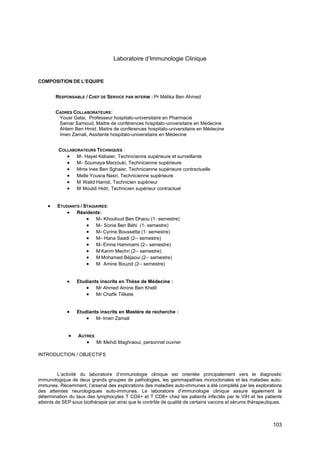 103
Laboratoire d’Immunologie Clinique
COMPOSITION DE L’EQUIPE
RESPONSABLE / CHEF DE SERVICE PAR INTERIM : Pr Mélika Ben Ahmed
CADRES COLLABORATEURS:
Yousr Galai, Professeur hospitalo-universitaire en Pharmacie
Samar Samoud, Maitre de conférences hospitalo-universitaire en Médecine
Ahlem Ben Hmid, Maitre de conférences hospitalo-universitaire en Médecine
Imen Zamali, Assitante hospitalo-universitaire en Médecine
COLLABORATEURS TECHNIQUES :
• Mme
Hayet Kebaier, Technicienne supérieure et surveillante
• Mme
Soumaya Marzouki, Technicienne supérieure
• Mme Ines Ben Sghaier, Technicienne supérieure contractuelle
• Melle Yousra Nasri, Technicienne supérieure
• Mr
Walid Hamdi, Technicien supérieur
• Mr
Mouldi Hidri, Technicien supérieur contractuel
• ETUDIANTS / STAGIAIRES:
• Résidents:
• Melle
Khouloud Ben Dhaou (1er
semestre)
• Mme
Sonia Ben Béhi (1er
semestre)
• Melle
Cyrine Boussetta (1er
semestre)
• Melle
Hana Saadi (2ème
semestre)
• Melle
Emna Hammami (2ème
semestre)
• Mr
Karim Mechri (2ème
semestre)
• Mr
Mohamed Béjaoui (2ème
semestre)
• Mr
Amine Bouzid (2ème
semestre)
• Etudiants inscrits en Thèse de Médecine :
• Mr Ahmed Amine Ben Khelil
• Mr Chafik Tilikete
• Etudiants inscrits en Mastère de recherche :
• Mme
Imen Zamali
• AUTRES
• Mr Mehdi Maghraoui, personnel ouvrier
INTRODUCTION / OBJECTIFS
L’activité du laboratoire d’immunologie clinique est orientée principalement vers le diagnostic
immunologique de deux grands groupes de pathologies, les gammapathies monoclonales et les maladies auto-
immunes. Récemment, l’arsenal des explorations des maladies auto-immunes a été complété par les explorations
des atteintes neurologiques auto-immunes. Le laboratoire d’immunologie clinique assure également la
détermination du taux des lymphocytes T CD4+ et T CD8+ chez les patients infectés par le VIH et les patients
atteints de SEP sous biothérapie par ainsi que le contrôle de qualité de certains vaccins et sérums thérapeutiques.
 
