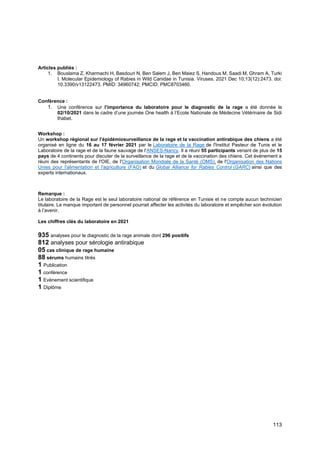 113
Articles publiés :
1. Bouslama Z, Kharmachi H, Basdouri N, Ben Salem J, Ben Maiez S, Handous M, Saadi M, Ghram A, Turki
I. Molecular Epidemiology of Rabies in Wild Canidae in Tunisia. Viruses. 2021 Dec 10;13(12):2473. doi:
10.3390/v13122473. PMID: 34960742; PMCID: PMC8703460.
Conférence :
1. Une conférence sur l’importance du laboratoire pour le diagnostic de la rage a été donnée le
02/10/2021 dans le cadre d’une journée One health à l’Ecole Nationale de Médecine Vétérinaire de Sidi
thabet.
Workshop :
Un workshop régional sur l’épidémiosurveillance de la rage et la vaccination antirabique des chiens a été
organisé en ligne du 16 au 17 février 2021 par le Laboratoire de la Rage de l'Institut Pasteur de Tunis et le
Laboratoire de la rage et de la faune sauvage de l'ANSES-Nancy. Il a réuni 55 participants venant de plus de 15
pays de 4 continents pour discuter de la surveillance de la rage et de la vaccination des chiens. Cet événement a
réuni des représentants de l'OIE, de l'Organisation Mondiale de la Santé (OMS), de l'Organisation des Nations
Unies pour l'alimentation et l'agriculture (FAO) et du Global Alliance for Rabies Control (GARC) ainsi que des
experts internationaux.
Remarque :
Le laboratoire de la Rage est le seul laboratoire national de référence en Tunisie et ne compte aucun technicien
titulaire. Le manque important de personnel pourrait affecter les activités du laboratoire et empêcher son évolution
à l’avenir.
Les chiffres clés du laboratoire en 2021
935 analyses pour le diagnostic de la rage animale dont 296 positifs
812 analyses pour sérologie antirabique
05 cas clinique de rage humaine
88 sérums humains titrés
1 Publication
1 conférence
1 Evènement scientifique
1 Diplôme
 