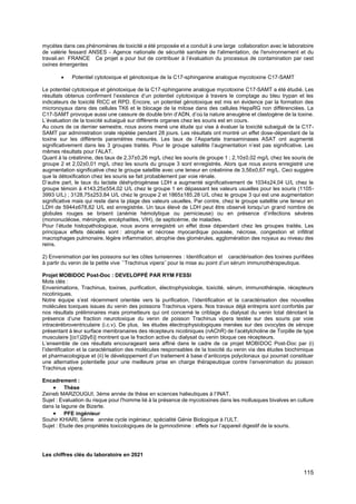115
mycètes dans ces phénomènes de toxicité a été proposée et a conduit à une large collaboration avec le laboratoire
de valérie fessard ANSES - Agence nationale de sécurité sanitaire de l'alimentation, de l'environnement et du
travail.en FRANCE Ce projet a pour but de contribuer à l’évaluation du processus de contamination par cest
oxines émergentes
• Potentiel cytotoxique et génotoxique de la C17-sphinganine analogue mycotoxine C17-SAMT
Le potentiel cytotoxique et génotoxique de la C17-sphinganine analogue mycotoxine C17-SAMT a été étudié. Les
résultats obtenus confirment l’existence d’un potentiel cytotoxique à travers le comptage au bleu trypan et les
indicateurs de toxicité RICC et RPD. Encore, un potentiel génotoxique est mis en évidence par la formation des
micronoyaux dans des cellules TK6 et le blocage de la mitose dans des cellules HepaRG non différenciées. La
C17-SAMT provoque aussi une cassure de double brin d’ADN, d’où la nature aneugène et clastogène de la toxine.
L’évaluation de la toxicité subaiguë sur différents organes chez les souris est en cours.
Au cours de ce dernier semestre, nous avons mené une étude qui vise à évaluer la toxicité subaiguë de la C17-
SAMT par administration orale répétée pendant 28 jours. Les résultats ont montré un effet dose-dépendant de la
toxine sur les différents paramètres mesurés. Les taux de l’Aspartate transaminases ASAT ont augmenté
significativement dans les 3 groupes traités. Pour le groupe satellite l’augmentation n’est pas significative. Les
mêmes résultats pour l’ALAT.
Quant à la créatinine, des taux de 2,37±0,26 mg/L chez les souris de groupe 1 ; 2,10±0,02 mg/L chez les souris de
groupe 2 et 2,02±0,01 mg/L chez les souris du groupe 3 sont enregistrés. Alors que nous avons enregistré une
augmentation significative chez le groupe satellite avec une teneur en créatinine de 3,56±0,67 mg/L. Ceci suggère
que la détoxification chez les souris se fait probablement par voie rénale.
D’autre part, le taux du lactate déshydrogénase LDH a augmenté significativement de 1034±24,04 U/L chez le
groupe témoin à 4143,25±554,02 U/L chez le groupe 1 en dépassant les valeurs usuelles pour les souris (1105-
3993 U/L) ; 3128,75±253,84 U/L chez le groupe 2 et 1865±185,28 U/L chez le groupe 3 qui est une augmentation
significative mais qui reste dans la plage des valeurs usuelles. Par contre, chez le groupe satellite une teneur en
LDH de 5944±678,82 U/L est enregistrée. Un taux élevé de LDH peut être observé lorsqu’un grand nombre de
globules rouges se brisent (anémie hémolytique ou pernicieuse) ou en présence d’infections sévères
(mononucléose, méningite, encéphalites, VIH), de septicémie, de maladies.
Pour l’étude histopathologique, nous avons enregistré un effet dose dépendant chez les groupes traités. Les
principaux effets décelés sont : atrophie et nécrose myocardique poussée, nécrose, congestion et infiltrat
macrophages pulmonaire, légère inflammation, atrophie des glomérules, agglomération des noyaux au niveau des
reins.
2) Envenimation par les poissons sur les côtes tunisiennes : Identification et caractérisation des toxines purifiées
à partir du venin de la petite vive ̏ Trachinus vipera˝ pour la mise au point d’un sérum immunothérapeutique.
Projet MOBIDOC Post-Doc : DEVELOPPÉ PAR RYM FESSI
Mots clés :
Envenimations, Trachinus, toxines, purification, électrophysiologie, toxicité, sérum, immunothérapie, récepteurs
nicotiniques.
Notre équipe s’est récemment orientée vers la purification, l’identification et la caractérisation des nouvelles
molécules toxiques issues du venin des poissons Trachinus vipera. Nos travaux déjà entrepris sont confortés par
nos résultats préliminaires mais prometteurs qui ont concerné le criblage du dialysat du venin total dénotant la
présence d’une fraction neurotoxique du venin de poisson Trachinus vipera testée sur des souris par voie
intracérébroventriculaire (i.c.v). De plus, les études électrophysiologiques menées sur des ovocytes de xénope
présentant à leur surface membranaires des récepteurs nicotiniques (nAChR) de l’acétylcholine de Torpille de type
musculaire [(α1)2βγδ)] montrent que la fraction active du dialysat du venin bloque ces récepteurs.
L’ensemble de ces résultats encourageant sera affiné dans le cadre de ce projet MOBIDOC Post-Doc par (i)
l’identification et la caractérisation des molécules responsables de la toxicité du venin via des études biochimique
et pharmacologique et (ii) le développement d’un traitement à base d’anticorps polyclonaux qui pourrait constituer
une alternative potentielle pour une meilleure prise en charge thérapeutique contre l’envenimation du poisson
Trachinus vipera.
Encadrement :
• Thèse
Zeineb MARZOUGUI, 3éme année de thèse en sciences halieutiques à l’INAT.
Sujet : Evaluation du risque pour l'homme lié à la présence de mycotoxines dans les mollusques bivalves en culture
dans la lagune de Bizerte.
• PFE ingénieur
Souhir KHIARI, 5ème année cycle ingénieur, spécialité Génie Biologique à l’ULT.
Sujet : Etude des propriétés toxicologiques de la gymnodimine : effets sur l’appareil digestif de la souris.
Les chiffres clés du laboratoire en 2021
 