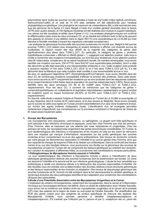 14
polymorphes dans toutes les souches ont été extraites à l'aide de snpToolkit (https://github.com/Amine-
Namouchi/snpToolkit) et un total de 15 575 sites variables ont été sélectionnés pour l'analyse
phylogénétique et génétique. Une phylogénie de maximum de vraisemblance (ML) a été reconstruite avec
tous les génomes de la lignée 4.3 dans Mega5 à l'aide d'un modèle général réversible dans le temps
(GTR) avec quatre classes, et 100 répliques bootstrap ont été réalisées pour évaluer le support statistique.
Les arbres ont été visualisés et édités dans Figtree v1.4.2. Les analyses phylogénomiques ont confirmé
la différenciation claire entre les deux principaux CC, et ce résultat est cohérent avec le fait qu'ils peuvent
être séparés en fonction d’une délétion dans la région RD115 (une caractéristique de L4.3/LAM qui s'est
étendue à l'échelle mondiale à travers les migrations coloniales européennes).
Les analyses de génomique fonctionnelle des souches tunisiennes ont montré que, Malgré le fait que les
souches TUN4.3_CC2 étaient plus divergentes et avaient tendance à afficher une diversité accrue de
nucléotides, le rapport moyen des taux dN/dS de la majorité des catégories de gènes était
significativement plus élevé dans TUN4.3_CC1. En particulier, la catégorie de gènes « protéines
hypothétiques conservées » affichait un dN/dS global > 1, suggérant une sélection positive. Cela nous a
incités à rechercher des mutations homoplastiques, qui sont les plus révélatrices d'une sélection positive
chez M. tuberculosis, compte tenu de sa nature hautement clonale. De manière remarquable, nous avons
identifié une mutation non-sens, 234 477TG, dans Rv0197 (une oxydoréductase probable), dont il a déjà
été démontré qu'elle était associée à une transmissibilité améliorée in vivo. Cette mutation s'est produite
à plusieurs reprises 14 fois dans TUN4.3_CC1 (53,8 %) et 3 fois dans TUN4.3_CC2 (25 %). Il a été
démontré dans la littérature que cette mutation était corrélée à une transmissibilité accrue in vivo.
De plus, en appliquant l'algorithme SIFT (SortingIntolerantFromTolerant), nous avons identifié dans les
deux CC de nombreuses mutations susceptibles d'affecter la fonction des protéines. Dans cette étude,
nous avons soumis au SIFT uniquement les mutations qui se sont produites dans les séquences codantes
et qui avaient tendance à être fixées dans la population de souches (observées dans ≥ 80%). Nous avons
identifié dans les deux principaux CC 95 et 93 nsSNP dans TUN4.3_CC1 et TUN4.3_CC2,
respectivement. Pour les deux CC, il convient de mentionner que les catégories de gènes «
conservéshypothétiques» et «métabolisme et respiration intermédiaires» représentaient un grand nombre
de mutations ayant un impact fonctionnel (50,42% et 53,76% pour TUN4.3_CC1 et TUN4.3_CC2,
respectivement).
En résumé, cette étude a exploré l'origine et l'histoire évolutive en Tunisie de L4.3/LAM, la sous-lignée L4
la plus répandue dans le monde de M. tuberculosis, et la plus réussie au Maghreb. Nous avons constaté
que le succès de cette sous-lignée en Tunisie provient essentiellement d'un seul clone localement évolué,
qui montre des signes évidents d'adaptation locale. L'identification d'un tel écologiste permettra
certainement d'approfondir nos connaissances sur le processus conduisant à l'émergence de clones de
M. tuberculosis hautement aptes.
1. Groupe des Mycoplasmes
Les mycoplasmes sont ubiquitaires, commensaux, ou pathogènes. La plupart sont hôte-spécifiques et
sont associés à des infections chroniques et atypiques, aussi bien chez l’homme que chez les animaux.
Chez l’homme, elles se traduisent par une atteinte des voies respiratoires et urogénitales. Chez les
animaux de rente, les mycoplasmoses engendrent des pertes économiques considérables. En Tunisie, le
suivi épidémiologique des infections à mycoplasmes et les moyens de lutte qui les visent se retrouvent
dans une impasse par manque d’informations nécessaires sur les profils génétiques des souches
virulentes et leur comportement vis-à-vis des agents antibactériens. Des travaux de recherche conduits
par notre groupe ont démontré leur association à l’infertilité et au cancer génital chez l’homme, ainsi que
leur capacité de changer de tropisme d’hôte et de résister aux antibiotiques. Dans la continuité des travaux
menés et au vue des résultats obtenus, nous poursuivons nos études sur la génomique des souches de
mycoplasmes circulant en Tunisie afin de comprendre les facteurs génétiques qui orientent leur évolution,
leur variation et adaptation à différentes hôtes, ou à enclencher des manifestations cliniques particulières.
1-Pathogénomique de Mycoplasma hominis associé à l’infertilité
Le suivi épidémiologique des infections à Mycoplasma hominis a abouti à l’identification de deux
pathotypes génétiquement distincts des souches tunisiennes dont la dissémination est clonale. Un clone
est associé à l’infertilité et le second est lié aux infections gynécologiques. L’étude de leur sensibilité aux
antibiotiques a révélé une résistance élevée à la tétracycline des souches responsables d’infertilité. De
tels résultats nous ont orientés vers la détermination des données relatives à leurs structures génomiques
et des facteurs responsables de leur évolution et adaptation. Des travaux de séquençage génomique des
souches tunisiennes de M. hominis ont été entrepris dans le but decomprendre la variation génétique, la
dynamique évolutive des deux pathotypes identifiés et leur adaptation pour enclencher des manifestations
cliniques bien particulières.
2-Etude d’une Potentielle Association entre les Mycoplasmes Urogenitaux et le Cancer.
L’implication de certains microorganismes, notamment les mycoplasmes, dans le cancer et l’inflammation
chronique qui l’accompagne demeure mal définie. Dans un projet de collaboration avec l’Arabie Saoudite,
nous avons mis en évidence une relation entre les mycoplasmes urogénitaux et le cancer de la prostate
(CP) chez des patients de la région de Aseer au sud-ouest de l’Arabie Saoudite. Par amplification par
PCR des gènes codant pour des antigènes de surface spécifiques de chacune des espèces des
Mycoplasmes d’intérêt, nous sommes parvenus à identifier Ureaplasmaurealyticum et
Ureaplasmaparvum. S’il s’avérait que l’infection par U. parvum et par U. urealyticum est un, parmi les
 