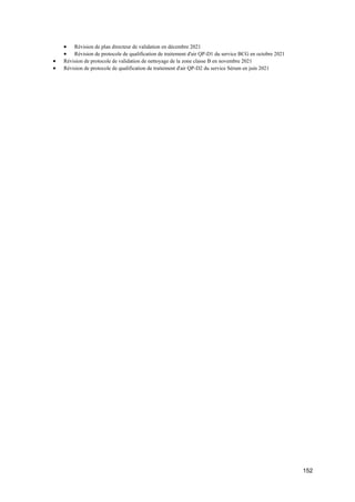 152
• Révision de plan directeur de validation en décembre 2021
• Révision de protocole de qualification de traitement d'air QP-D1 du service BCG en octobre 2021
• Révision de protocole de validation de nettoyage de la zone classe B en novembre 2021
• Révision de protocole de qualification de traitement d'air QP-D2 du service Sérum en juin 2021
 
