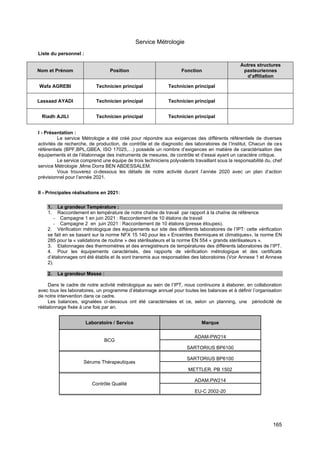 165
Service Métrologie
Liste du personnel :
Nom et Prénom Position Fonction
Autres structures
pasteuriennes
d’affiliation
Wafa AGREBI Technicien principal Technicien principal
Lassaad AYADI Technicien principal Technicien principal
Riadh AJILI Technicien principal Technicien principal
I - Présentation :
Le service Métrologie a été créé pour répondre aux exigences des différents référentiels de diverses
activités de recherche, de production, de contrôle et de diagnostic des laboratoires de l’Institut. Chacun de ces
référentiels (BPF,BPL,GBEA, ISO 17025,…) possède un nombre d’exigences en matière de caractérisation des
équipements et de l’étalonnage des instruments de mesures, de contrôle et d’essai ayant un caractère critique.
Le service comprend une équipe de trois techniciens polyvalents travaillant sous la responsabilité du, chef
service Métrologie ,Mme Dorra BEN ABDESSALEM.
Vous trouverez ci-dessous les détails de notre activité durant l’année 2020 avec un plan d’action
prévisionnel pour l’année 2021.
II - Principales réalisations en 2021:
1. La grandeur Température :
1. Raccordement en température de notre chaîne de travail par rapport à la chaîne de référence
- Campagne 1 en juin 2021 : Raccordement de 10 étalons de travail
- Campagne 2 en juin 2021 : Raccordement de 10 étalons (presse étoupes).
2. Vérification métrologique des équipements sur site des différents laboratoires de l’IPT: cette vérification
se fait en se basant sur la norme NFX 15 140 pour les « Enceintes thermiques et climatiques», la norme EN
285 pour la « validations de routine » des stérilisateurs et la norme EN 554 « grands stérilisateurs ».
3. Etalonnages des thermomètres et des enregistreurs de températures des différents laboratoires de l’IPT.
4. Pour les équipements caractérisés, des rapports de vérification métrologique et des certificats
d’étalonnages ont été établis et ils sont transmis aux responsables des laboratoires (Voir Annexe 1 et Annexe
2).
2. La grandeur Masse :
Dans le cadre de notre activité métrologique au sein de l’IPT, nous continuons à élaborer, en collaboration
avec tous les laboratoires, un programme d’étalonnage annuel pour toutes les balances et à définir l’organisation
de notre intervention dans ce cadre.
Les balances, signalées ci-dessous ont été caractérisées et ce, selon un planning, une périodicité de
réétalonnage fixée à une fois par an.
Laboratoire / Service Marque
BCG
ADAM-PW214
SARTORIUS BP6100
Sérums Thérapeutiques
SARTORIUS BP6100
METTLER. PB 1502
Contrôle Qualité
ADAM.PW214
EU-C 2002-20
 