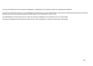 204
(2) POUR LES FORMATIONS, SUR LES 53 BONS DE COMMANDES, 5 COMMANDES ONT ÉTÉ ASSUREE AUPRES DE FOURNISSEURS ETRANGERS.
(3) QUANT AUX AUTRES PRESTATIONS, ELLES COMPRENNENT LES REPARATIONS, LES FRAIS D'HEBERGEMENT, PAUSES CAFES ET RESTAURATIONS AINSI QUE LES FRAIS DE
PUBLICATION DES ARTICLES DANS DES JOURNAUX INTERNATIONAUX (47 BC ETRANGERS ET UN SEUL LOCAL)
LES HEBERGEMENTS ET PASES CAFES ONT FAIT L'OBJET DE 22 BONS DE COMMANDES, SOIT UN MONTANT TOTAL DE 122585 DINARS.
LES BONS DE COMMANDES DE REGULARISATION TRAITES EN 2021 SONT AU NOMBRE DE 16, MONTANT APPROXIMATIF 16000 DINARS.
 