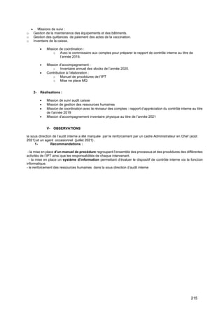 215
• Missions de suivi :
o Gestion de la maintenance des équipements et des bâtiments.
o Gestion des quittances de paiement des actes de la vaccination.
o Inventaire de la caisse.
• Mission de coordination :
o Avec le commissaire aux comptes pour préparer le rapport de contrôle interne au titre de
l’année 2019.
• Mission d’accompagnement :
o Inventaire annuel des stocks de l’année 2020.
• Contribution à l’élaboration :
o Manuel de procédures de l’IPT
o Mise ne place MQ
2- Réalisations :
• Mission de suivi audit caisse
• Mission de gestion des ressources humaines
• Mission de coordination avec le réviseur des comptes : rapport d’appréciation du contrôle interne au titre
de l’année 2019
• Mission d’accompagnement inventaire physique au titre de l’année 2021
V- OBSERVATIONS
la sous direction de l’audit interne a été marquée par le renforcement par un cadre Administrateur en Chef (août
2021) et un agent occasionnel (juillet 2021) .
1- Recommandations :
- la mise en place d’un manuel de procédure regroupant l’ensemble des processus et des procédures des différentes
activités de l’IPT ainsi que les responsabilités de chaque intervenant.
- la mise en place un système d’information permettant d’évaluer le dispositif de contrôle interne via la fonction
informatique.
- le renforcement des ressources humaines dans la sous direction d’audit interne
 