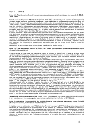 22
Projet 3 : La COVID 19
Projet 3.1 : Titre : Impact sur la santé mentale des mesures de quarantaine imposées aux cas suspects de COVID-
19 en Tunisie
Dans le cadre du Programme R&I COVID-19 (Période 2020-2021) subventionné par le Ministère de l’Enseignement
Supérieur et de la Recherche Scientifique, notre équipe a mené une enquête qui visait à évaluer l’impact à court terme sur
la santé mentale des mesures de quarantaine institutionnelle imposées dans le cadre de la riposte à l’épidémie de la Covid-
19 en Tunisie. Il s’agissait d’une étude transversale par entretien téléphonique auprès d’un échantillon de convenance. Au
total, 506 individus ont été inclus dans cette étude. La majorité des participants (96,2%) étaient des voyageurs et 83,4%
avaient passé toute la période de quarantaine (14 jours) dans des centres de quarantaine. L’analyse statistique des
données a révélé que parmi les participants, 38,3 % avaient présenté des symptômes d'anxiété et/ou de dépression
(anxiété : 15,4 % ; dépression : 37,4 %) et 19,2 % avaient une insomnie clinique.
L’analyse multivariée a révélé que la prévalence des symptômes anxieux et/ou dépressifs et de l'insomnie était plus élevée
chez les femmes, les participants ayant consacré trois heures ou plus par jours pour se renseigner sur l'actualité liée au
COVID-19, ceux qui ont eu des difficultés économiques dues à la pandémie de COVID-19, ceux qui n'étaient pas satisfaites
des conditions d'hébergement dans les centres de quarantaine et ceux qui étaient victimes de stigmatisation. De plus, la
survenue de symptômes dépressifs ou anxieux était plus élevée chez les jeunes adultes, les étudiants et parmi les
participants qui avaient peur de contracter l'infection au COVID-19 dans les centres de quarantaine. L'insomnie clinique
était également plus fréquente chez les participants qui avaient passé une plus longue période dans les centres de
quarantaine.
Les résultats de l’étude ont été publié dans la revue « The Pan African Medical Journal ».
Projet 3.2 : Titre : Mesure de la diffusion du SARS-COV-2 dans la population dans deux zones caractérisées par un
niveau d’incidence différent
L’objectif général de cette étude était d’estimer le niveau de diffusion du SARS-CoV-2 à l’issue de la 2ième vague
épidémique qui a touché le pays dans les zones de fortes incidences et dans les zones de faibles incidences. Pour cette
fin, une étude séro-épidémiologique transversale de porte à porte dans deux zones d’incidences différentes (Hotspot et
faible incidence) de la ville de Tunis a été menée en Mars 2021.
L’étude s’est basée sur un échantillon de la population générale tiré au sort par sondage en grappe à l’échelle des quartiers
et elle était constituée par l’ensemble des membres des foyers sélectionnés qui n’étaient pas encore vaccinés contre la
COVID-19. Pour chaque participant un questionnaire a été administré et un prélèvement de sang a été effectué pour
analyse sérologique avec la technique ELISA. Au total, 1676 individus ont été inclus appartenant à 431 foyers. La
séroprévalence pondérée des anticorps IgG anti-N et/ou anti-S-RBD était estimée à 38,8% [34,6-41,5] à l’issue de la 2ième
vague et avant la vaccination en masse en Tunisie. Le draft de l’article est en cours de préparation.
Projet 3.3. Titre : Mesure de la diffusion du SARS-COV-2 parmi le personnel de l’Institut Pasteur de Tunis
Une étude séro-épidémiologique transversale exhaustive parmi le personnel de l’IPT a été menée au à l’issue de la 2ième
vague épidémique et avant la vaccination en masse contre la COVID-19 en Tunisie (Mars 2021). L’ensemble des agents
de l’IPT travaillant de façon permanente ou temporaire non encore vaccinés contre la COVID-19 étaient invités à participer
à l’étude. Au total, 428 participants étaient inclus dans l’étude. La séroprévalence des anticorps IgG anti-N et/ou anti-S-
RBD était estimée à 32,9% [28,7-37,4]. L’incidence cumulée de l’infection au SARS-CoV-2 (sérologie et/ou test RT-PCR
antérieur positifs) était de 40,0% [35,5-44,9]. Le draft de l’article est en cours de préparation
Projet 3.4 : Titre : Cinétique d’évolution tardive des anticorps du SARS-COV-2
Cette étude vise à définir la cinétique d’évolution des anticorps (Ac Totaux, IgG, IgA) contre le SARS-CoV-2 chez les
personnes ayant eu une confirmation diagnostic d’infection par un test PCR positif. Il s‘agit d’une étude séro-
épidémiologique type cohorte prospective (terme de suivi jusqu’à 12 mois après l’inclusion) auprès d’un échantillon de
convenance de personnes diagnostiquées + par des tests RT-PCR suite à l’apparition de symptômes cliniques
caractéristiques de COVID-19. Les participants à l’étude ont subi des prélèvements de sang selon une cinétique bien établie
dans le temps après apparition des symptômes: (J30, J60, J90, 6 mois et 12 mois, NB : les participants ayant été vaccinés
ne seront plus suivi dans le cadre de cette étude) pour la mise en évidence d’anticorps anti-SARS-CoV-2 de classes IgG
et IgA. Le suivi des participants a été achevé et l’analyse de la sérothèque est en cour.
2ème équipe : Nom du responsable, grade : Dhafer Laouini, PhD, Biologiste Principal Les axes de recherche du groupe
2 sont essentiellement l’immunobiologie des leishmanioses et plus récemment l’infection par SARS CoV-2.
Projet 1 : Analyse de l’immunogénicité des peptides issus de trois antigènes leishmaniens (projet PL-VAC)
(Thouraya Boussofara, Hechmi Louzir et collaborateurs):
Il s’agit d’un projet en collaboration avec l’IRD (Montpellier, France), financé par la SATT-AxLR. Ce projet avait pour objectif
l’évaluation de l’immunogénicité de 11 peptides issus de trois protéines de Leishmania. Les dits peptides ont été conçus
sous trois formes différentes avec des modifications post-traductionnels (palmitoylation ou acétylation) ou encore la
soustraction du groupe amine, afin d’améliorer leur stabilité et d’augmenter leur immunogénicité. Les résultats des tests :
ELSIPOT spécifique d’IFN-, CBA utilisant le kit LEGENDplex (13 cytokines) et ceux de cytométrie en flux, ont permis la
sélection de quelques peptides qui s’avères prometteurs pour la conception d’un vaccin multi-épitopique contre les
leishmanioses.
 
