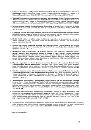 29
15. Enhanced attraction of sand fly vectors of Leishmania infantum to dogs infected with zoonotic visceral
leishmaniasis. Chelbi I, Maghraoui K, Zhioua S, Cherni S, Labidi I, Satoskar A, Hamilton JGC, Zhioua E. PLoS
Neglected Tropical Diseases 15(7): e0009647. https://doi.org/10.1371/journal. pntd.0009647.IF:4,411
16. The role of ecotones in emerging zoonotic cutaneous leishmaniasis in Central Tunisia: an assessment
of transmission risk and the importance of the One Health approach to reduce infections. Barhoumi W,
Fares W, Zhioua S, Chelbi I, Abbass M, Derbali Mohamed, Ramalho-Ortigao M, Zhioua E. International Journal
of Environmental Research and Public Health, 18(17), 9274, https://doi.org/10.3390/ijerph18179274.IF:3,364
17. Seroprevalence of hepatitis A virus infection in Central-West of Tunisia. Ayouni K, Kharroubi G, Mallekh
R, Hammami W, Marouani R, Mhamdi M, Ben Salah A, Triki H, Bettaieb J. J Med Virol. 2021 Jun; 93(6):3666-
3671. IF: 2.327
18. Knowledge, attitudes and uptake related to influenza vaccine among healthcare workers during the
2018-2019 influenza season in Tunisia. Cherif I, Kharroubi G, Bouabid L, Gharbi A, Boukthir A, Ben Alaya N,
Ben Salah A, Bettaieb J. BMC Public Health. 2021 May 13;21(1):907. IF:3.18
19. Mental health status of adults under institutional quarantine: a cross-sectional survey in
Tunisia.Kharroubi G, Cherif I, Haj Amor S, Zribi M, Ben Atigue W, Ouali U, Bettaieb J. Pan African Medical
Journal. 2021;40:197.IF:0.519
20. Influenza vaccination knowledge, attitudes, and practices among Tunisian elderly with chronic
diseases., Kharroubi G, Cherif I, Bouabid L, Gharbi A, Boukthir A, Ben Alaya N, Ben Salah A, Bettaieb J. BMC
Geriatr 21, 700 (2021). IF:3.737
21. Identification and characterization of multidrug-resistant ESBL-producing Salmonella enterica
serovars Kentucky and Typhimurium isolated in Tunisia CTX-M-61/TEM-34, a novel cefotaxime-
hydrolysing β-lactamase of Salmonella. Nazek Al-Gallas , Khouloud Belghouthi , Natalie Alice Barratt , Kais
Ghedira, Helmut Hotzel 3, Herbert Tomaso , Hosny El-Adawy , Heinrich Neubauer , Dhafer Laouini , Sinda
Zarrouk , Mohamed Salah Abbassi , Ridha Ben Aissa , J Appl Microbiol. 2022 Jan;132(1):279-289. doi:
10.1111/jam.15211. Epub 2021 Jul 27. IF:3.7724
22. Magnetic Separation and Centri-Chronoamperometric Detection of Foodborne Bacteria Using
Antibiotic-Coated Metallic Nanoparticles. Mohamed Fethi Diouani , Maher Sayhi Zehaira Romeissa
Djafar , Samir Ben Jomaa , Kamel Belgacem , Hayet Gharbi , Mihai Ghita , Laura-Madalina Popescu , Roxana
Piticescu, Dhafer Laouini . Biosensors (Basel) . 2021 Jun 23;11(7):205. doi: 10.3390/bios11070205. IF:3.240
23. Quinolone resistance among Salmonella Kentucky and Typhimurium isolates in Tunisia: first report of
Salmonella Typhimurium ST34 in Africa and qnrB19 in Tunisia. N Al-Gallas , N Khadraoui , H Hotzel , H
Tomaso , H El-Adawy , H Neubauer , K Belghouthi , K Ghedira , H K Gautam , B Kumar , D Laouini , S
Zarrouk , M S Abbassi , R B Aissa ,J Appl Microbiol. 2021 Mar;130(3):807-818. doi: 10.1111/jam.14822. Epub
2020 Sep 11. IF:3.772
24. Ten simple rules for organizing a bioinformatics training course in low- and middle-income countries.
Benjamin Moore , Patricia Carvajal-López , Paballo Abel Chauke , Marco Cristancho , Victoria Dominguez Del
Angel, Selene L Fernandez-Valverde , Amel Ghouila, Piraveen Gopalasingam , Fatma Zahra Guerfali , Alice
Matimba , Sarah L Morgan, Guilherme Oliveira , Verena Ras , Alejandro Reyes , Javier De Las Rivas , Nicola
Mulder . PLoS Comput Biol. 2021 Aug 19;17(8):e1009218. doi: 10.1371/journal.pcbi.1009218. eCollection
2021 Aug. IF:4.475
25. Challenges and Considerations for Delivering Bioinformatics Training in LMICs: Perspectives From
Pan-African and Latin American Bioinformatics Networks. Verena Ras, Patricia Carvajal-López, Piraveen
Gopalasingam, Alice Matimba, Paballo Abel Chauke, Nicola Mulder, Fatma Guerfali, Victoria Dominguez Del
Angel, Alejandro Reyes, Guilherme Oliveira, Javier De Las Rivas7 and Marco Cristancho. Front. Educ., 27 July
2021 | https://doi.org/10.3389/feduc.2021.710971. IF:1.85
26. Alireza Mahdaviani, Morteza Fallahpour, Farhad Seif, Soheila Alyasin, Hassan Abolhassani, Aziz Bousfiha, Mohamed-
Ridha Barbouche, Peter Olbrich. Defects in intrinsic and innate immunity January 2021. In book: Inborn Errors of
Immunity: A practical Guide.Imprint: Academic Press.DOI: 10.1016/B978-0-12-821028-4.00002-6.
Projets en cours en 2021
 