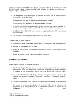 3
Rédigé par: EmilienMiner
Validé par: SofienAsta–NourKaabi
Résultats Escomptés : Le GBM (Groupe Banque Mondiale) soutiendra le troisième pilier de la
Note d'Orientation relative à l'inclusion sociale et à la réduction de la fragilité en rupture avec les
pratiques du passé par le biais de :
 Une participation accrue des citoyens, en particulier les jeunes, dans les affaires publiques
et les activités de développement
 Un engagement plus large du GBM avec toutes les parties prenantes
 Le renforcement des mécanismes de responsabilisation citoyenne
 Le renforcement de l'accès au financement, à l'information et aux services essentiels, et à
la diffusion de messages /médias positifs et de réseaux, en particulier pour les jeunes
 La réduction de la vulnérabilité pour les groupes à risque (amélioration de la couverture des
filets de sécurité)
 Une résilience accrue par rapport aux retombées du conflit libyen.
Ce pilier repose sur quatre objectifs :
 Promouvoir la liberté d'expression, la participation, la transparence et la responsabilisation
 Favoriser les opportunités pour les jeunes
 Faciliter le renouvellement du contrat social à travers des services sociaux améliorés et plus
équitables
 Réduire la fragilité à travers l'intégration régionale renouvelée
RESUME DES ECHANGES :
Les interventions ont porté sur plusieurs thématiques :
 Le rôle de la Banque Mondiale dans les mécanismes de la gouvernance locale et son statut
d'interlocuteur local. Plus généralement, l'évaluation des politiques publiques tunisiennes
et le climat de crise de confiance entre acteurs de la société civile et acteurs publics
 Les priorités d'intervention de la Banque Mondiale ainsi que ses politiques générales. Ses
positions sur différentes thématiques (éducation ; économie : e-commerce, start-ups ;
culture
 Le suivi et la transparence des fonds que la Banque Mondiale distribue au gouvernement
 Les raisons et la part des consultations de la société civile dans la préparation des
programmes de la Banque Mondiale et, sur cette même thématique, les mécanismes de
participation des jeunes
 