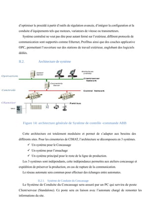 d’optimiser le procédé à partir d’outils de régulation avancée, d’intégrer la configuration et la 
conduite d’équipements tels que moteurs, variateurs de vitesse ou transmetteurs. 
Système centralisé ne veut pas dire pour autant fermé sur l’extérieur, différent protocole de 
communication sont supportés comme Ethernet, Profibus ainsi que des couches applicative 
OPC, permettant l’ouverture sur des stations de travail extérieur, englobant des logiciels 
dédiés. 
II.2. Architecture de système 
Figure 14: architecture générale de Système de contrôle -commande ABB 
Cette architecture est totalement modulaire et permet de s’adapter aux besoins des 
différents sites. Pour les cimenteries de CIMAT, l’architecture se décomposera en 3 systèmes. 
ü Un système pour le Concassage 
ü Un système pour l’ensachage 
ü Un système principal pour le reste de la ligne de production. 
Les 3 systèmes sont indépendants, cette indépendance permettra aux ateliers concassage et 
expédition de préserver la production, en cas de rupture de la communication. 
Le réseau automate sera commun pour effectuer des échanges entre automates. 
II.2.1. Système de Conduite du Concassage 
Le Système de Conduite du Concassage sera assuré par un PC qui servira de poste 
Client/serveur (Standalone). Ce poste sera en liaison avec l’automate chargé de remonter les 
informations du site. 
 