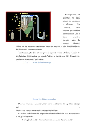 L’aéroglissières est 
constitué par deux 
chambres: supérieure 
et inférieure. Les 
chambres sont 
séparées par une toile 
de fluidisation. L'air à 
basse pression 
introduit dans la 
chambre inférieure 
diffuse par les ouvertures extrêmement fines des pores de la toile de fluidisation et 
s'écoule dans la chambre supérieure. 
L'inclinaison, plus l'air à basse pression agissant comme lubrifiant, réduisent le 
coefficient de frottement ce qui permet d'utiliser la gravité pour faire descendre le 
produit sur une distance quelconque. 
I.2.3 Filtre de dépoussiérage 
Figure 24 : Filtres à manches 
Dans une cimenterie à voie sèche, le processus de fabrication fait appel à un mélange 
gaz - 
matière pour transport de la matière par des aéroglissières). 
Le rôle du filtre à manches est principalement la séparation de la matière « fine 
» des gaz/air de façon à : 
ü récupérer la matière fine pour la remettre au niveau du circuit matière 
 