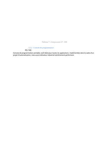 Tableau 7 : Composante S7 -300 
I.3.2 Console de programmation 
PG 740: 
Console de programmation portable, outil idéal pour toutes les applications implémentées dans le cadre d‘un 
projet d‘automatisation, mais aussi ordinateur industriel extrêmement performant. 
 
