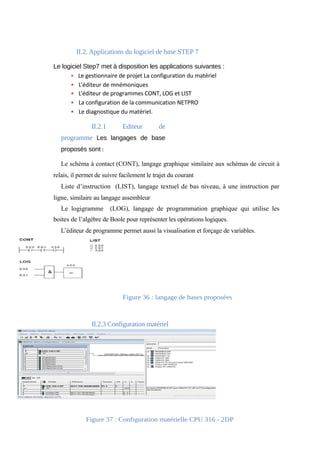 II.2. Applications du logiciel de base STEP 7 
Le logiciel Step7 met à disposition les applications suivantes : 
• Le gestionnaire de projet La configuration du matériel 
• L’éditeur de mnémoniques 
• L’éditeur de programmes CONT, LOG et LIST 
• La configuration de la communication NETPRO 
• Le diagnostique du matériel. 
II.2.1 Editeur de 
programme Les langages de base 
proposés sont : 
Le schéma à contact (CONT), langage graphique similaire aux schémas de circuit à 
relais, il permet de suivre facilement le trajet du courant 
Liste d’instruction (LIST), langage textuel de bas niveau, à une instruction par 
ligne, similaire au langage assembleur 
Le logigramme (LOG), langage de programmation graphique qui utilise les 
boites de l’algèbre de Boole pour représenter les opérations logiques. 
L’éditeur de programme permet aussi la visualisation et forçage de variables. 
Figure 36 : langage de bases proposées 
II.2.3 Configuration matériel 
Figure 37 : Configuration matérielle CPU 316 - 2DP 
 
