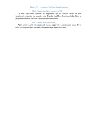Figure 39 : création d’un bloc d’organisation 
III.1.2 Création d’un Blocs fonctionnels (FB) 
Un bloc fonctionnel contient un programme qui est exécuté quand ce bloc 
fonctionnel est appelé par un autre bloc de code. Les blocs fonctionnels facilitent la 
programmation de fonctions complexes souvent utilisées. 
III.1.3 Création d’une fonction (FC) 
Après avoir décrit physiquement chaque appareil à commander, vous devez 
créer des diagrammes d'entrées/sorties pour chaque appareil ou zone. 
 