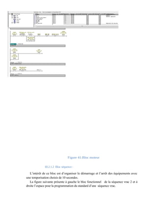 Figure 41:Bloc moteur 
III.2.1.2 Bloc séquence : 
L’intérêt de ce bloc est d’organiser le démarrage et l’arrêt des équipements avec 
une temporisation choisis de 10 secondes. 
La figure suivante présente à gauche le bloc fonctionnel de la séquence vrac 2 et à 
droite l’espace pour la programmation du standard d’une séquence vrac. 
 