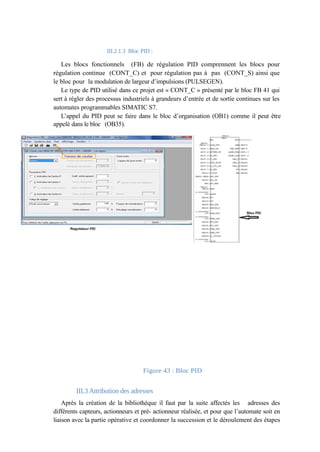 III.2.1.3 Bloc PID : 
Les blocs fonctionnels (FB) de régulation PID comprennent les blocs pour 
régulation continue (CONT_C) et pour régulation pas à pas (CONT_S) ainsi que 
le bloc pour la modulation de largeur d’impulsions (PULSEGEN). 
Le type de PID utilisé dans ce projet est « CONT_C » présenté par le bloc FB 41 qui 
sert à régler des processus industriels à grandeurs d’entrée et de sortie continues sur les 
automates programmables SIMATIC S7. 
L’appel du PID peut se faire dans le bloc d’organisation (OB1) comme il peut être 
appelé dans le bloc (OB35). 
Figure 43 : Bloc PID 
III.3 Attribution des adresses 
Après la création de la bibliothèque il faut par la suite affectés les adresses des 
différents capteurs, actionneurs et pré- actionneur réalisée, et pour que l’automate soit en 
liaison avec la partie opérative et coordonner la succession et le déroulement des étapes 
 