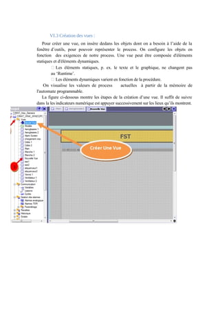 VI.3 Création des vues : 
Pour créer une vue, on insère dedans les objets dont on a besoin à l’aide de la 
fenêtre d’outils, pour pouvoir représenter le process. On configure les objets en 
fonction des exigences de notre process. Une vue peut être composée d'éléments 
statiques et d'éléments dynamiques. 
 Les éléments statiques, p. ex. le texte et le graphique, ne changent pas 
au ‘Runtime’. 
 Les éléments dynamiques varient en fonction de la procédure. 
On visualise les valeurs de process actuelles à partir de la mémoire de 
l'automate programmable. 
La figure ci-dessous montre les étapes de la création d’une vue. Il suffit de suivre 
dans la les indicateurs numérique est appuyer successivement sur les lieux qu’ils montrent. 
 