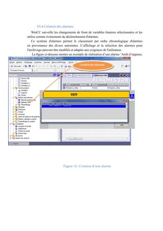 VI.4 Création des alarmes: 
WinCC surveille les changements de front de variables binaires sélectionnées et les 
utilise comme événements de déclenchement d'alarmes. 
Ce système d'alarmes permet le classement par ordre chronologique d'alarmes 
en provenance des divers automates. L’affichage et la sélection des alarmes pour 
l'archivage peuvent être modifiés et adaptés aux exigences de l'utilisateur. 
La figure ci-dessous montre un exemple de réalisation d’une alarme ‘Arrêt d’urgence. 
Création des Alarmes 
Figure 51: Création d’une alarme 
 